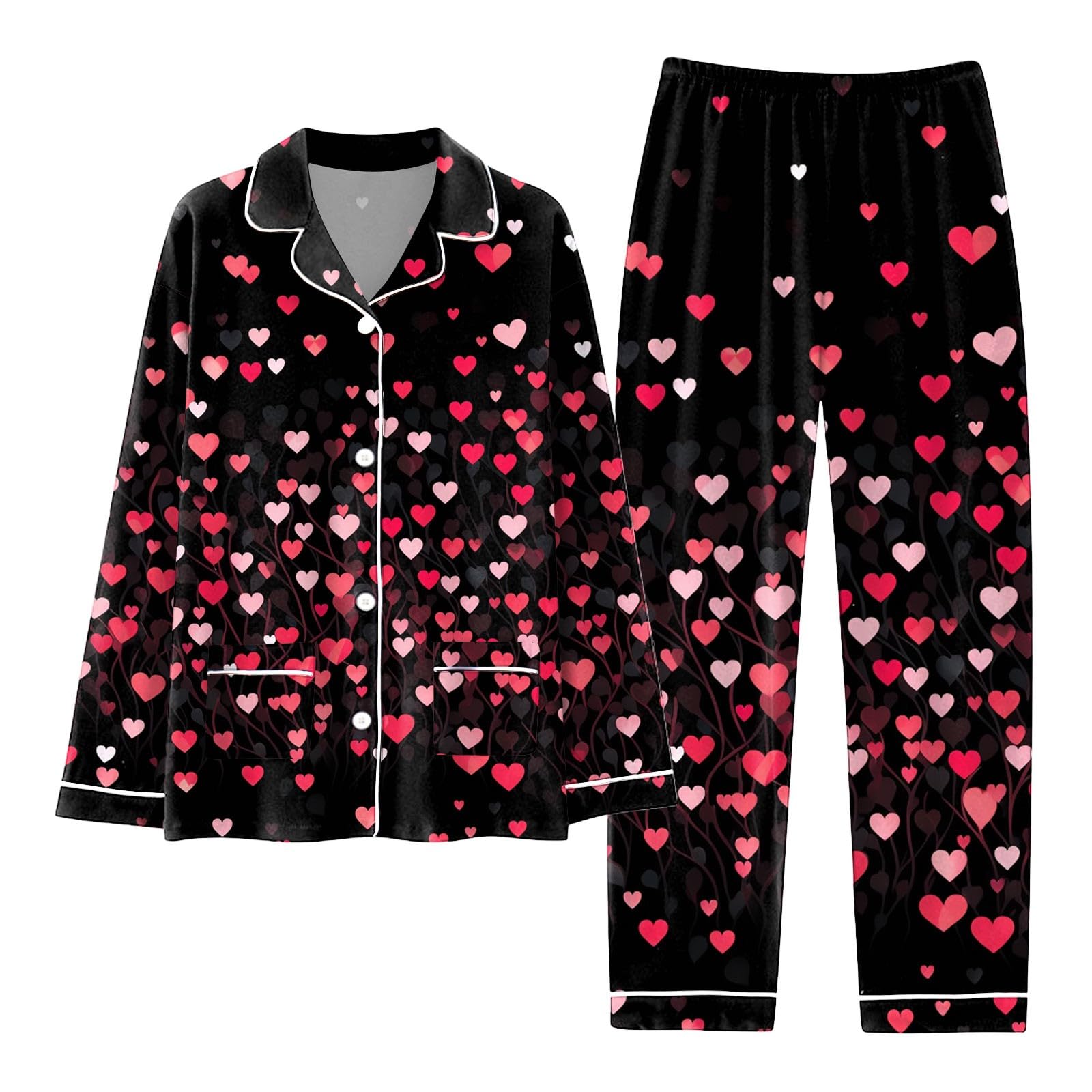 Générique Pyjamas Femme Ensemble Assorti Vacances Long Satin Boutonné Classique avec Poches Nuit Confortable Tenue Détente Soirée Cadeau