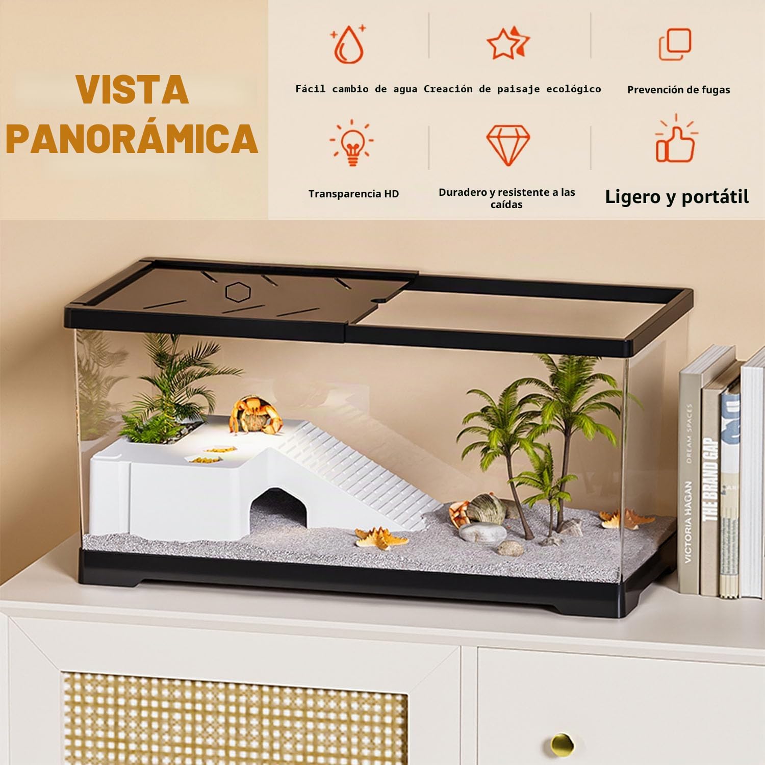 Pecera de Tortuga con Plataforma para Tomar el Sol y Drenaje Inferior, 20" x 9.5" x 9.5" Tanque de Tortugas acuáticas para Tortugas Juveniles, cangrejos de río, cangrejos, Anfibios（Negro）