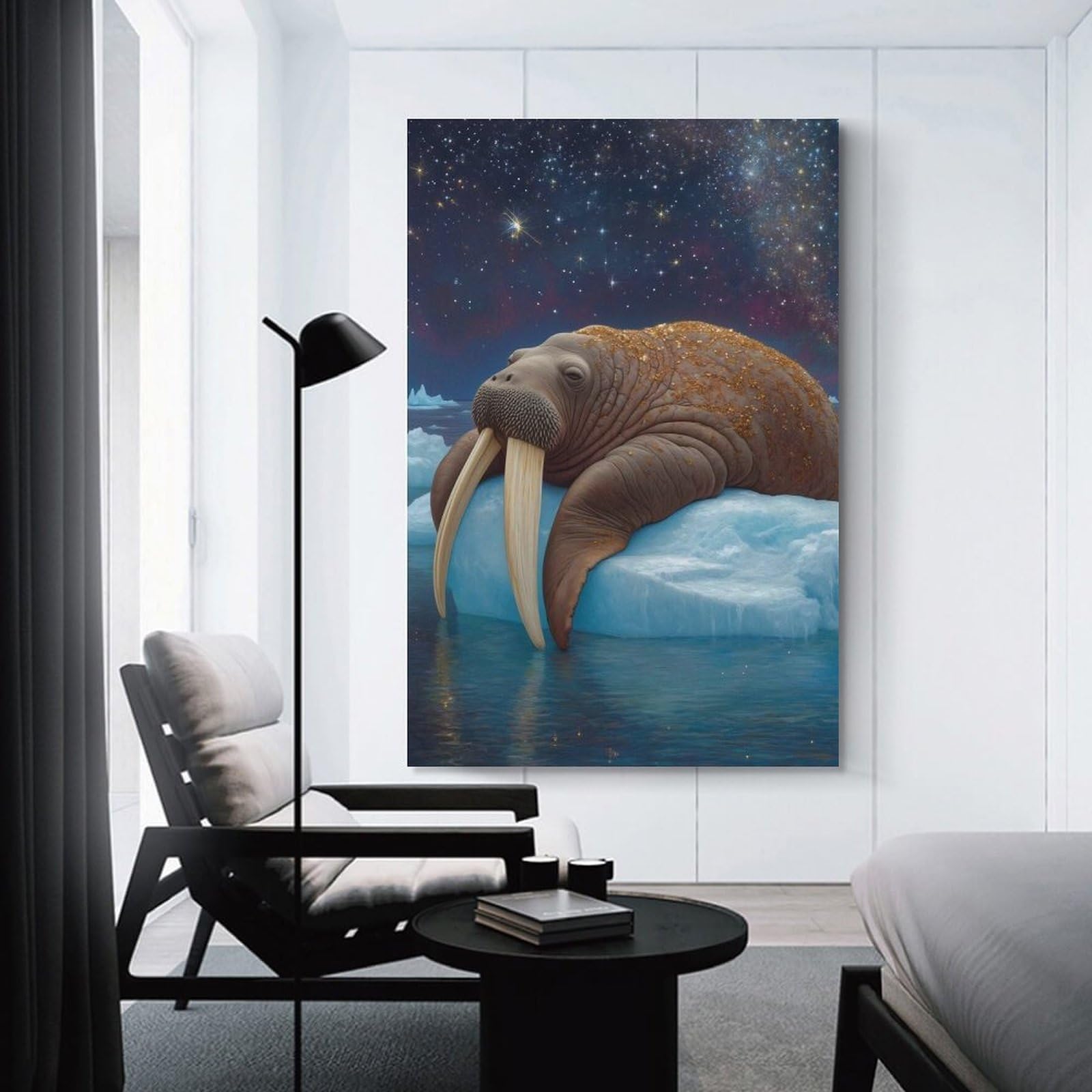 Junmoney Wall Picture Print Walrus on Ice Under Starry Sky, 24x36inch(60x90cm), for Living Room, Lounge Or Sitting Room, Modern Wall Decor for Cosy Interiors