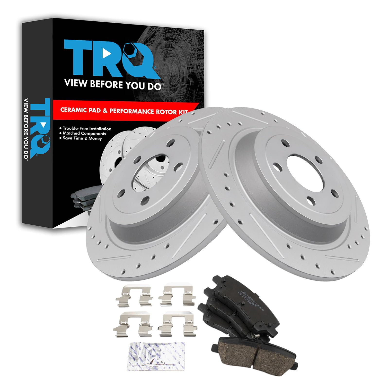 TRQ Rear Ceramic Brake Pad and Rotor Set Drilled Slotted Compatible with 16-19 Ford Mustang EcoBoost without Performance Package, 16-19 Ford Mustang EcoBoost Premium without Performance Package
