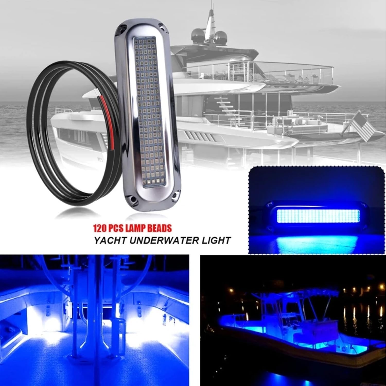 Greluma Lot de 2 lumières sous-marines LED pour bateaux marins (120 LED 180° bleu), DC 10V-30V IP68 étanches, montage en surface pour bateau de croisière, yacht, bateau à voile, ponton, feu arrière