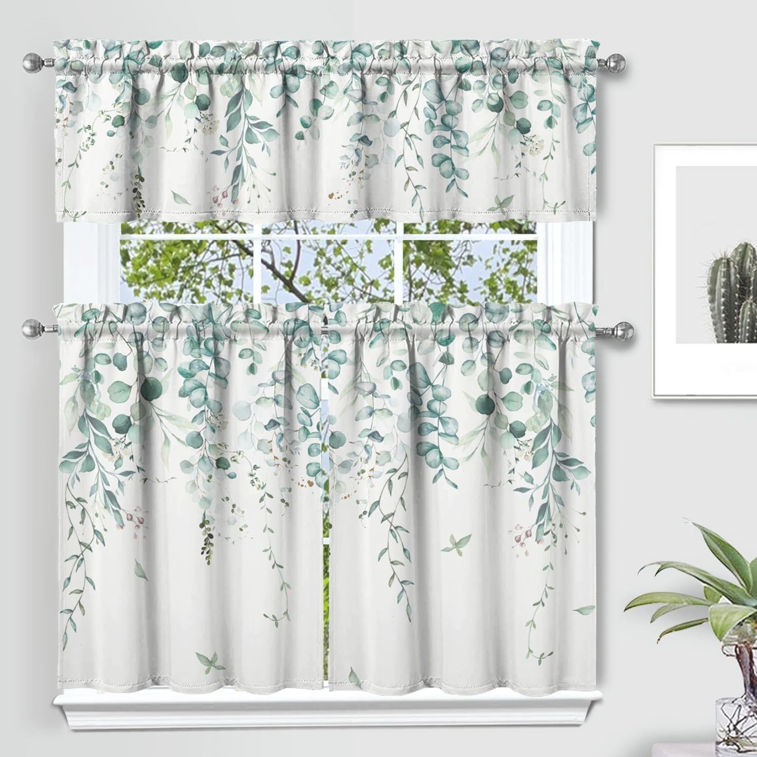 Sage Kitchen Curtain Valance 3 Piece Set, Sage Leaf Floral Kitchen Decor for Home Interior, Farmhouse Style Sink Window Curtains 36 Inch