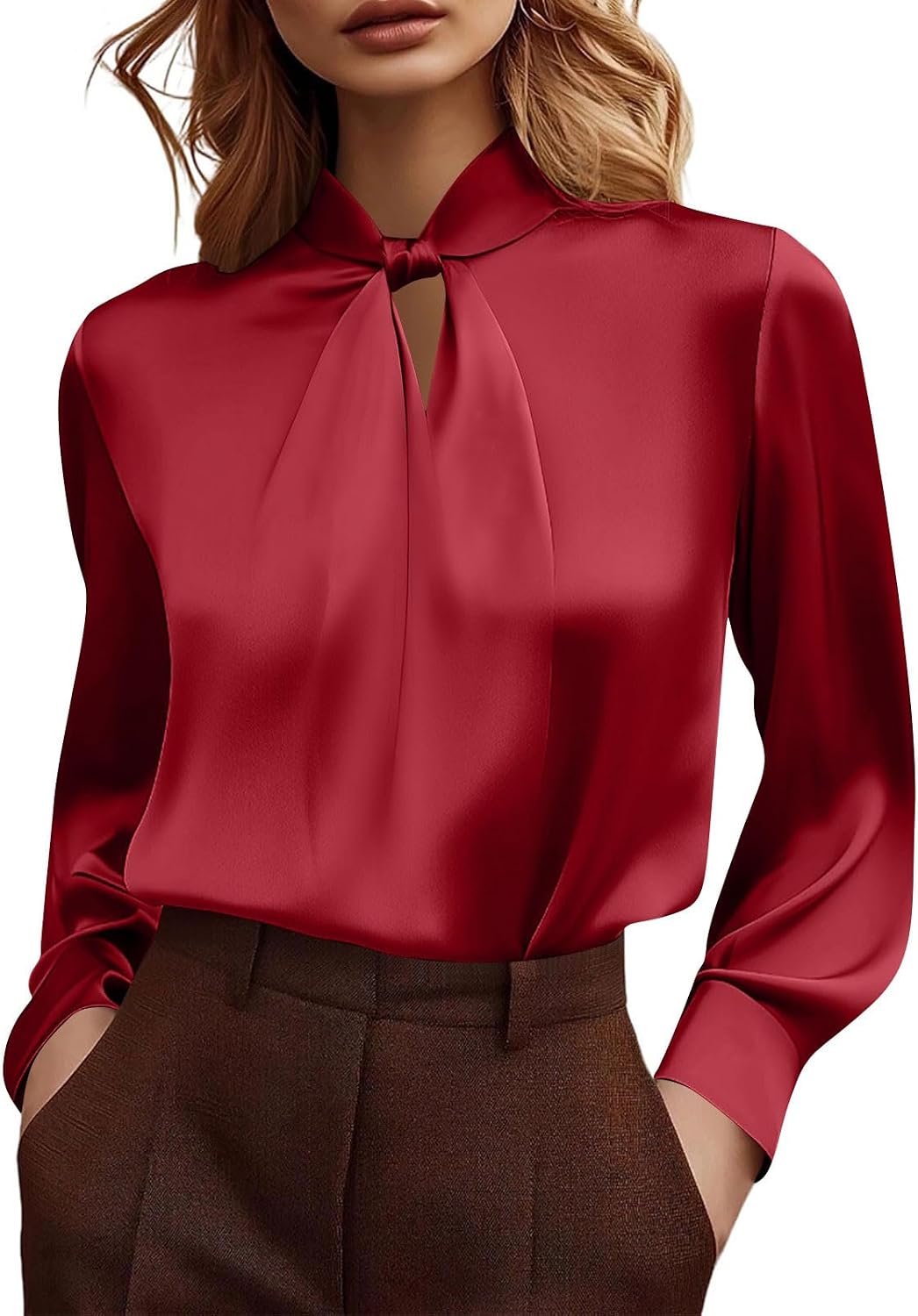 Womens Dressy Business Casual Blouse Pleated Cutout Long Sleeve Tops Satin Silk Work Shirt Spring Outfits Clothes