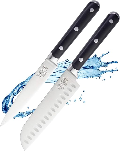 2pc Sabatier Professional Kitchen Knife Set - 5in/12cm Oriental Santoku & All Purpose Knives. Full Tang Stainless Steel Blade, Matching Triple Rivet Handle. Lifetime Performance 25yr Guarantee