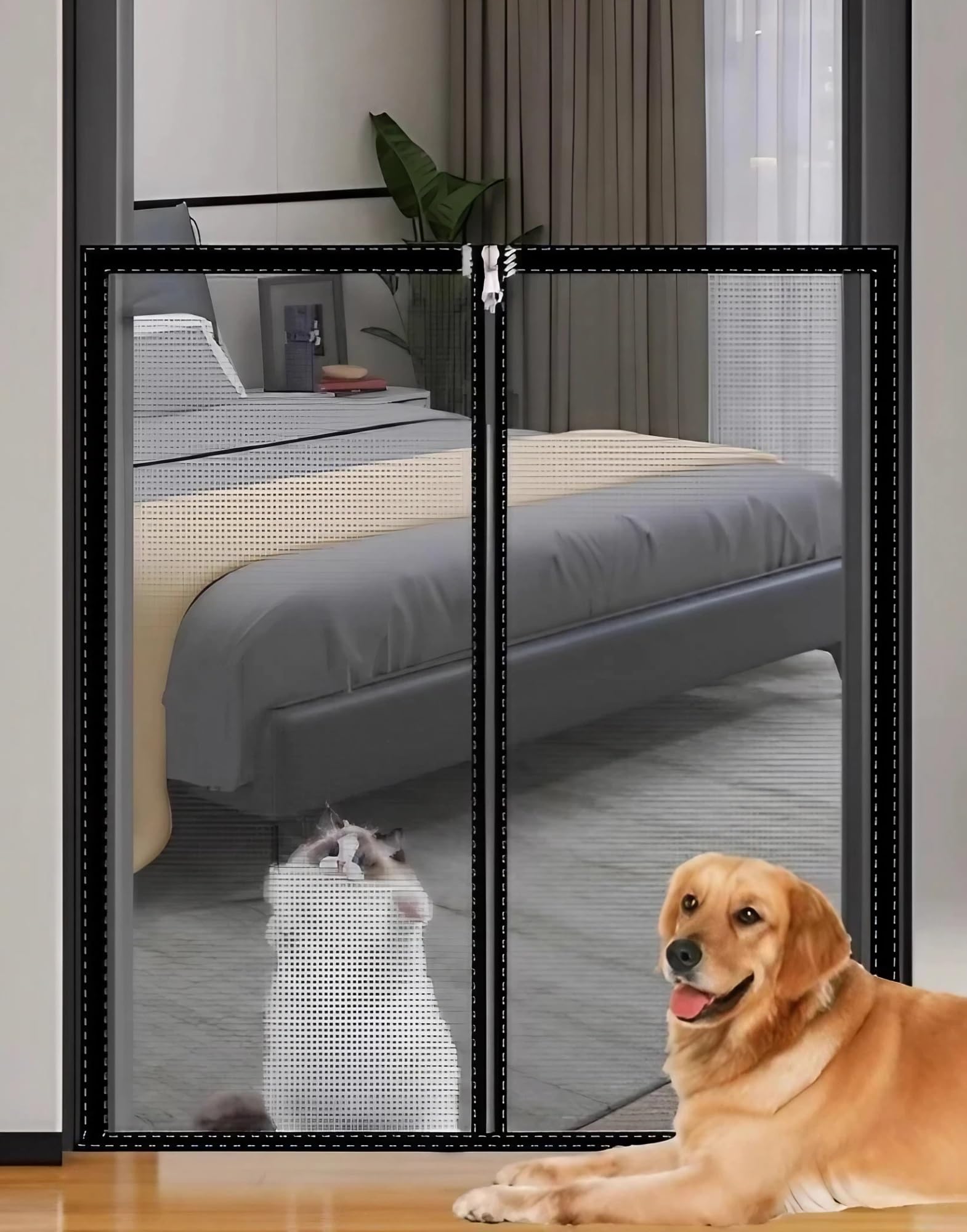 Hundeschutzgitter mit Reißverschluss & Selbstklebend, Katzennetz Tür mit Anti-Katzenkratzen, Treppenschutznetz für Wohnzimmer/Schlafzimmer, Kindersicherung Treppe ohne Bohren(Gray mesh black frame,140