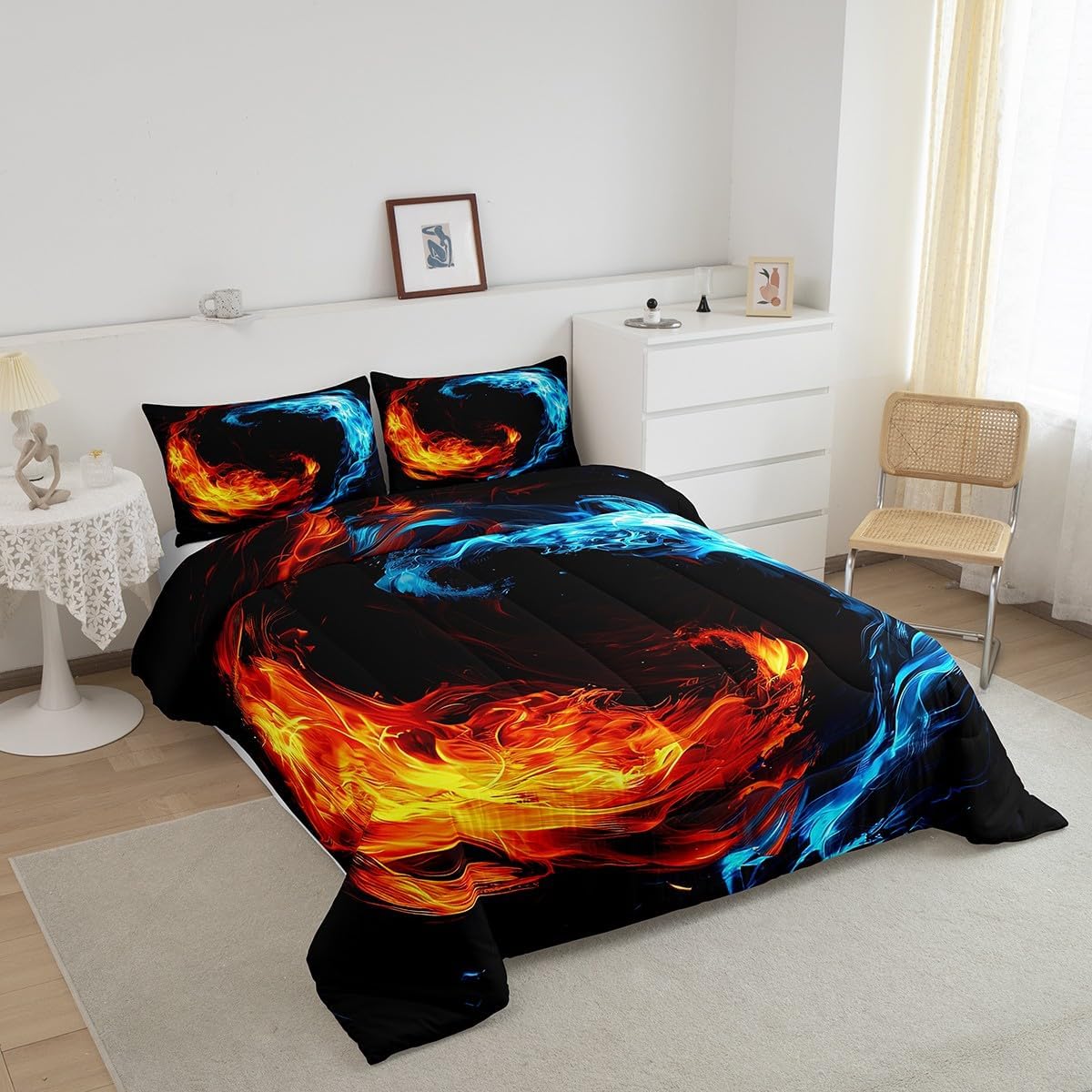 Erosebridal Yin Yang Comforter Set for Kids Teens, Ice and Fire Down Comforter Twin Size, Golden Flame Printed Bedding Set Abstract Art Design Duvet Insert for Boys Youth Adult Room Decor