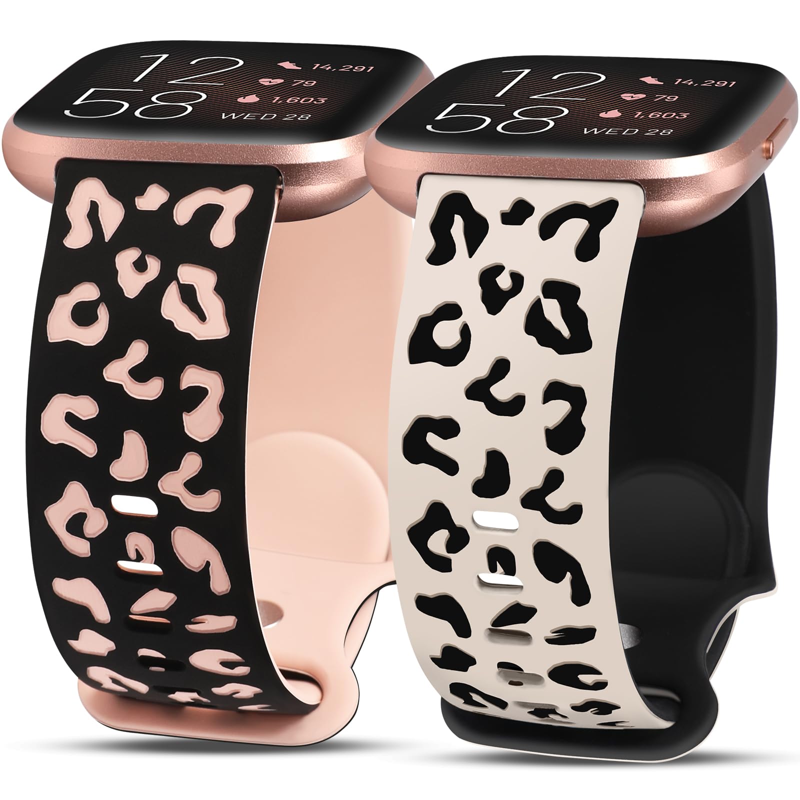 Minyee 2 Packs Leopard Engraved Band Compatible with Fitbit Versa 2/Fitbit Versa/Versa Lite Bands Women, Two-Tone Cheetah Soft Silicone Sport Designer