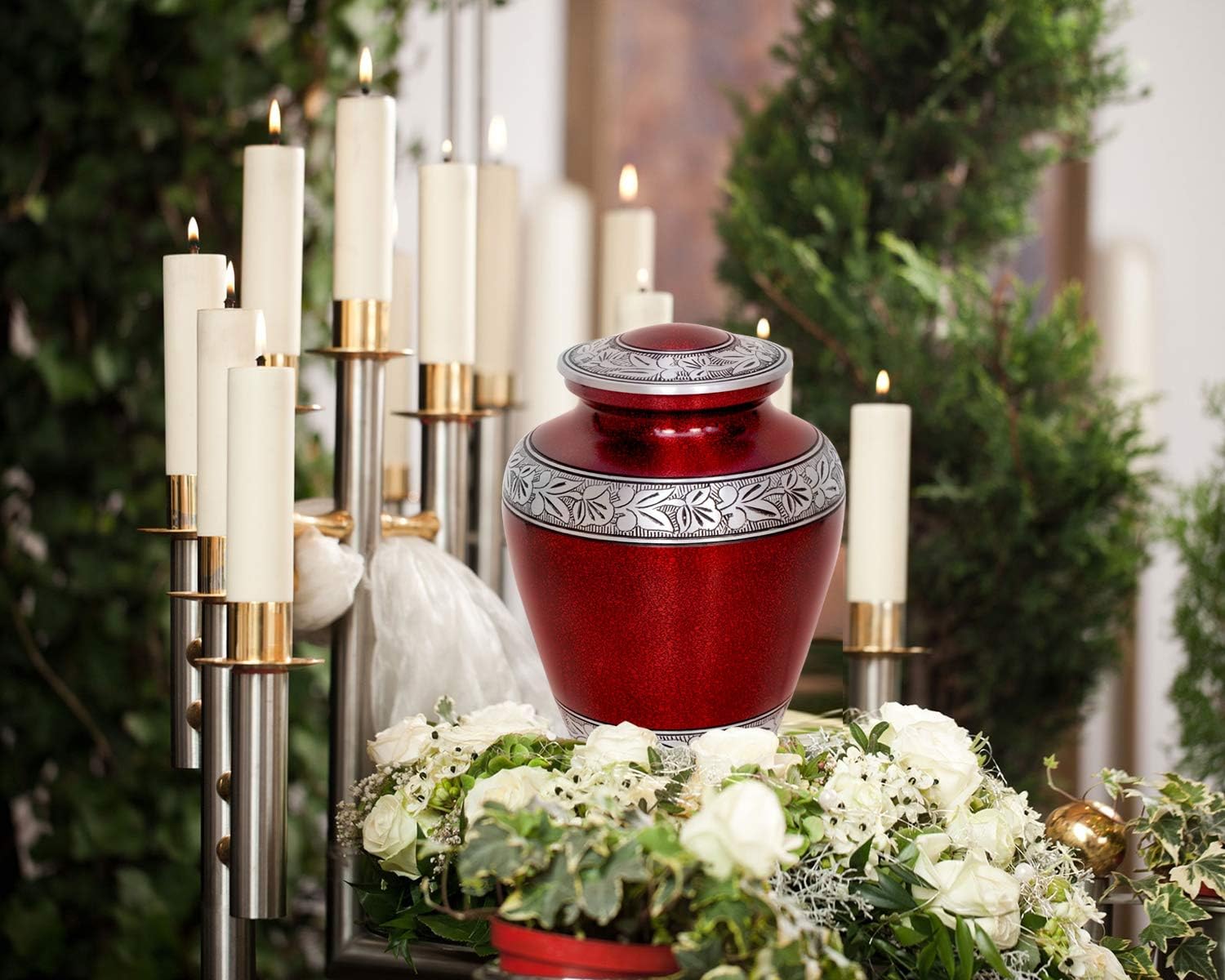 Elite Crimson Cloud and Silver Cremation Urn - Large Crimson Funeral Urn with Free Bag - Handcrafted Adult Crimson Urn for Human Ashes - New ~ Good Deal