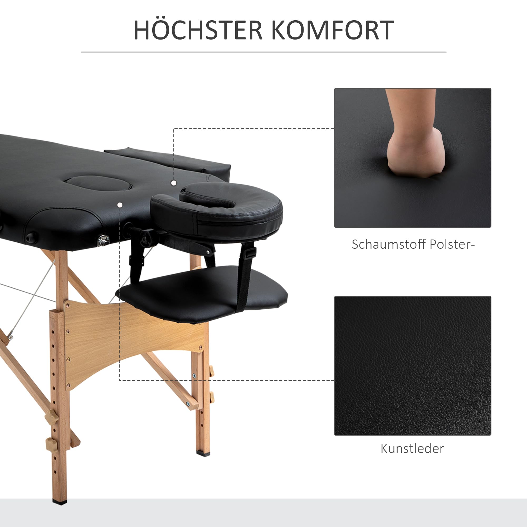 HOMCOM Massagetisch Klappbare Massageliege für Spa Kunstleder Holz Schwarz | Höhenverstellbare Massagebank, Massagebett Mit Kopfstütze, Für Salon