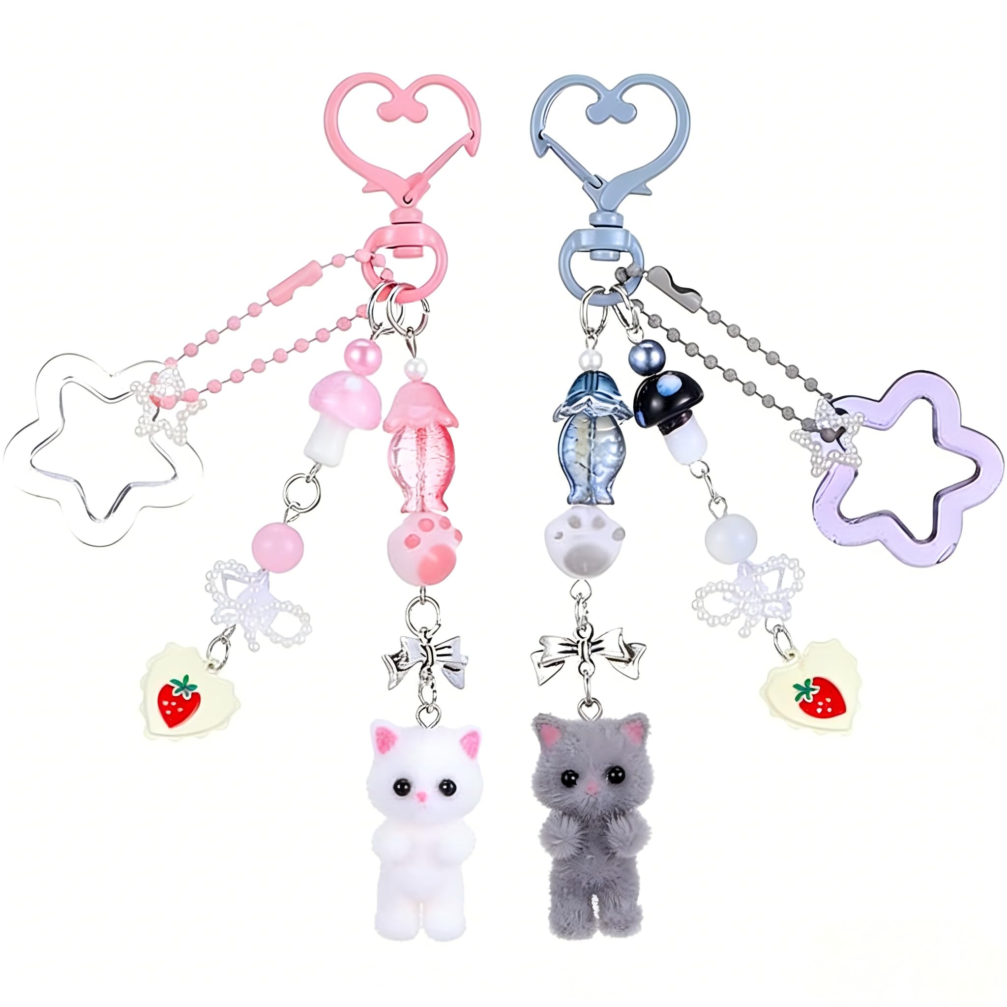 Baofuwan Cat Cute Keychain Keyring for Women, 2 Pcs Bag Charm with Bow, Fuzzy Kitty Cat Decor for Cat Lover, Y2k Car Key chain Gift for Backpack Purse Handbag