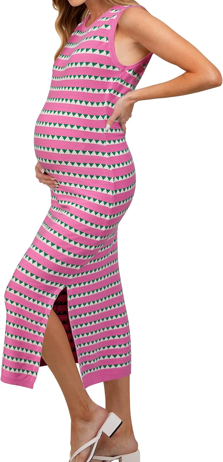 OUGES Women's 2026 Summer Maternity Dress Knit Sleeveless Crewneck Midi Dress Side Slit Striped Bodycon Sweater Dress