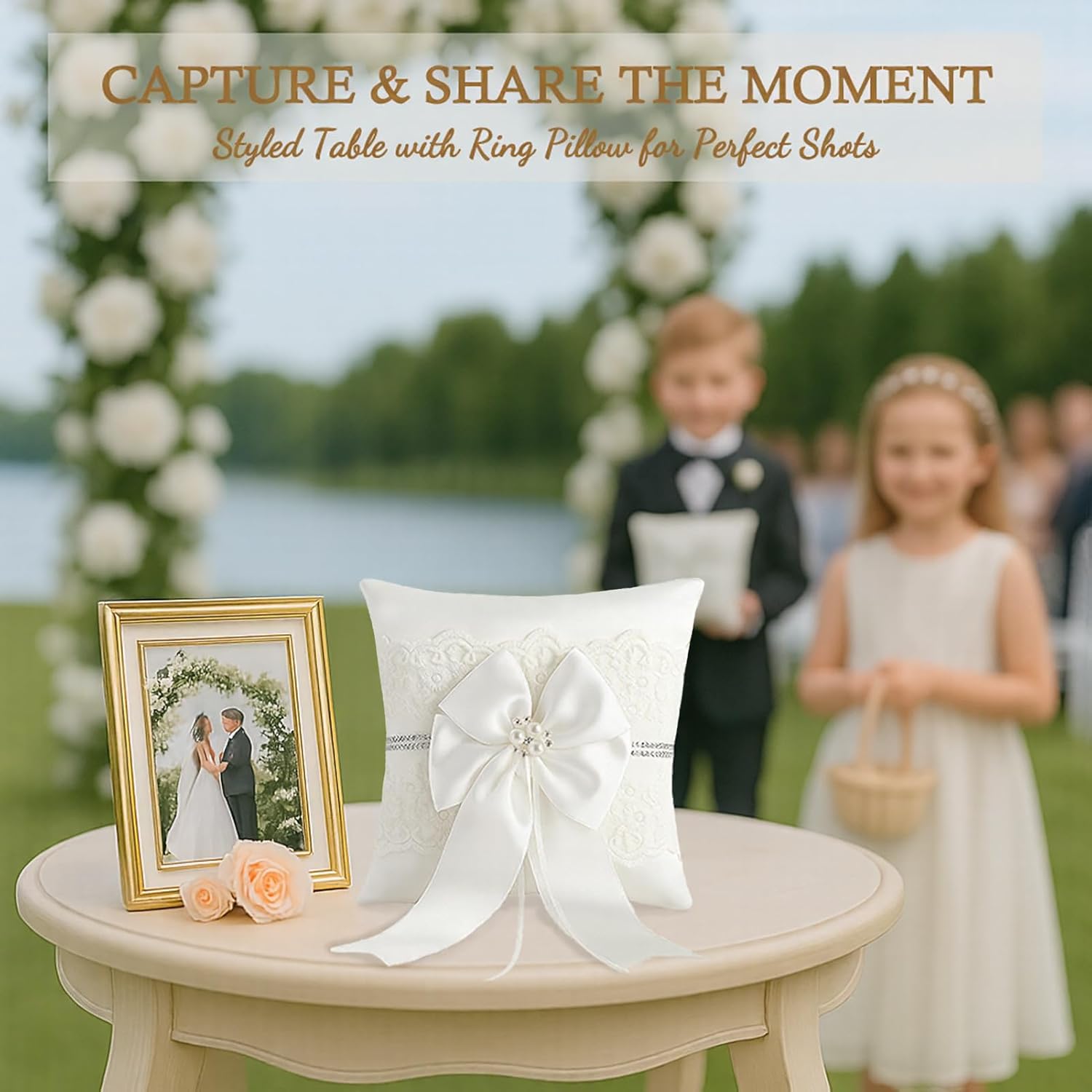 Wedding Ring Bearer Pillow: 8.2 x 8.2 Inch Ivory Satin Ring Cushion with Lace & Pearl Bow – Ceremony Ring Holder for Flower Boy or Girl