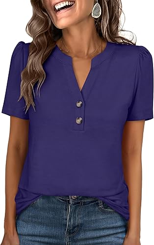 ANRABESS Womens Tops Business Casual 2026 Spring Short Sleeve Henley V Neck Shirts Dressy Work Blouse Summer Trendy Clothing Navy Blue Medium