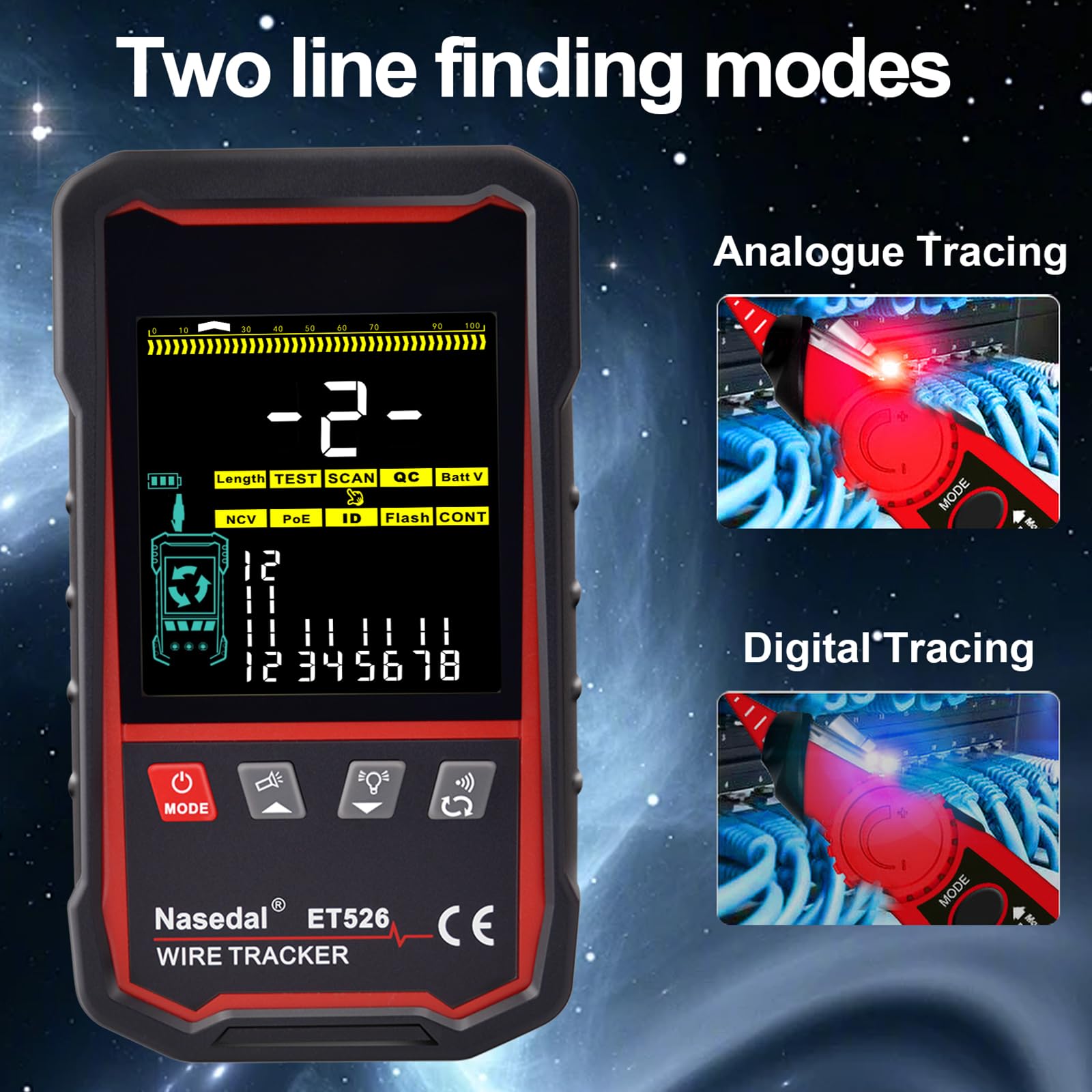 Network Cable Tester Wire Tracker Tone Generator Ethernet Tester Multímetro VFL 3 en 1 RJ45 CAT5 CAT6 CAT7 CAT8 RJ11 Cable Length Cable Mapping Test Port Flashng 3 pcs Remote (ET526)