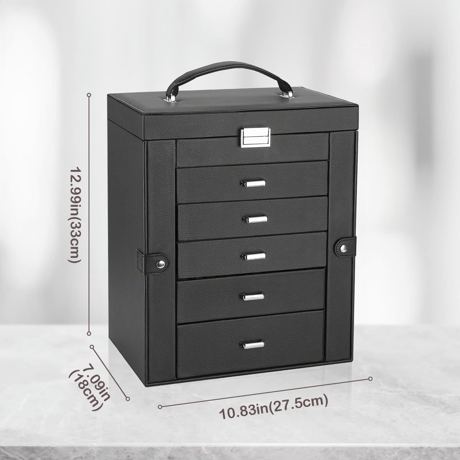 ProCase Große Schmuckkästchen, 6 Schichten Schmuckbox Schmuckkasten Schmuckschatulle, Schmuck Aufbewahrung Box mit Ohrringhalter Schubladen und Uhrenkissen, Jewelry Organizer Box -Schwarz