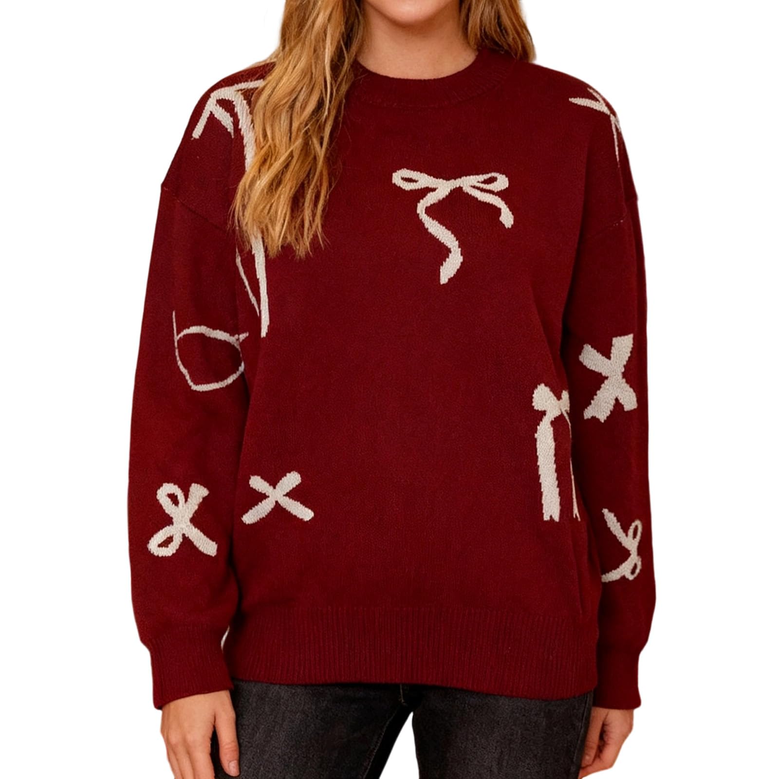 Women Cute Bow Knit Sweater Y2k Long Sleeve Crew Neck Knitted Pullover Top Oversized Going Out Fall Winter