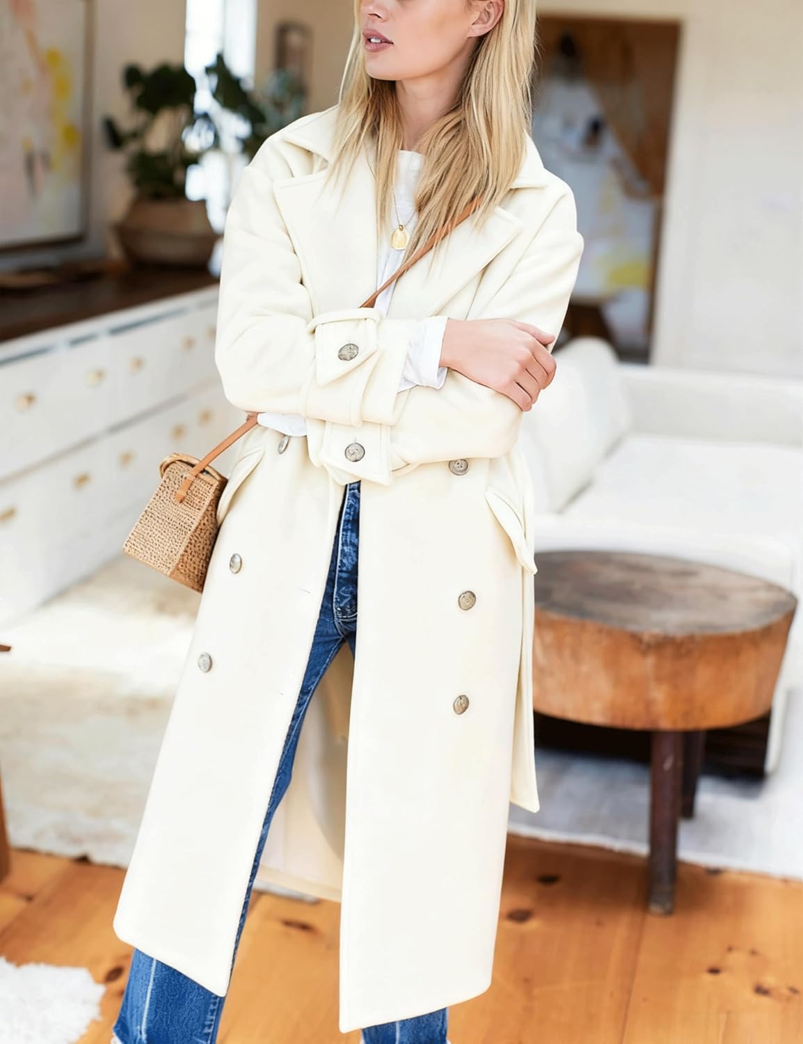 Hooever Women's Long Wool Coat Fall Winter Notched Lapel Double Breasted Trench Coat Peacoat with Belt - Image 5