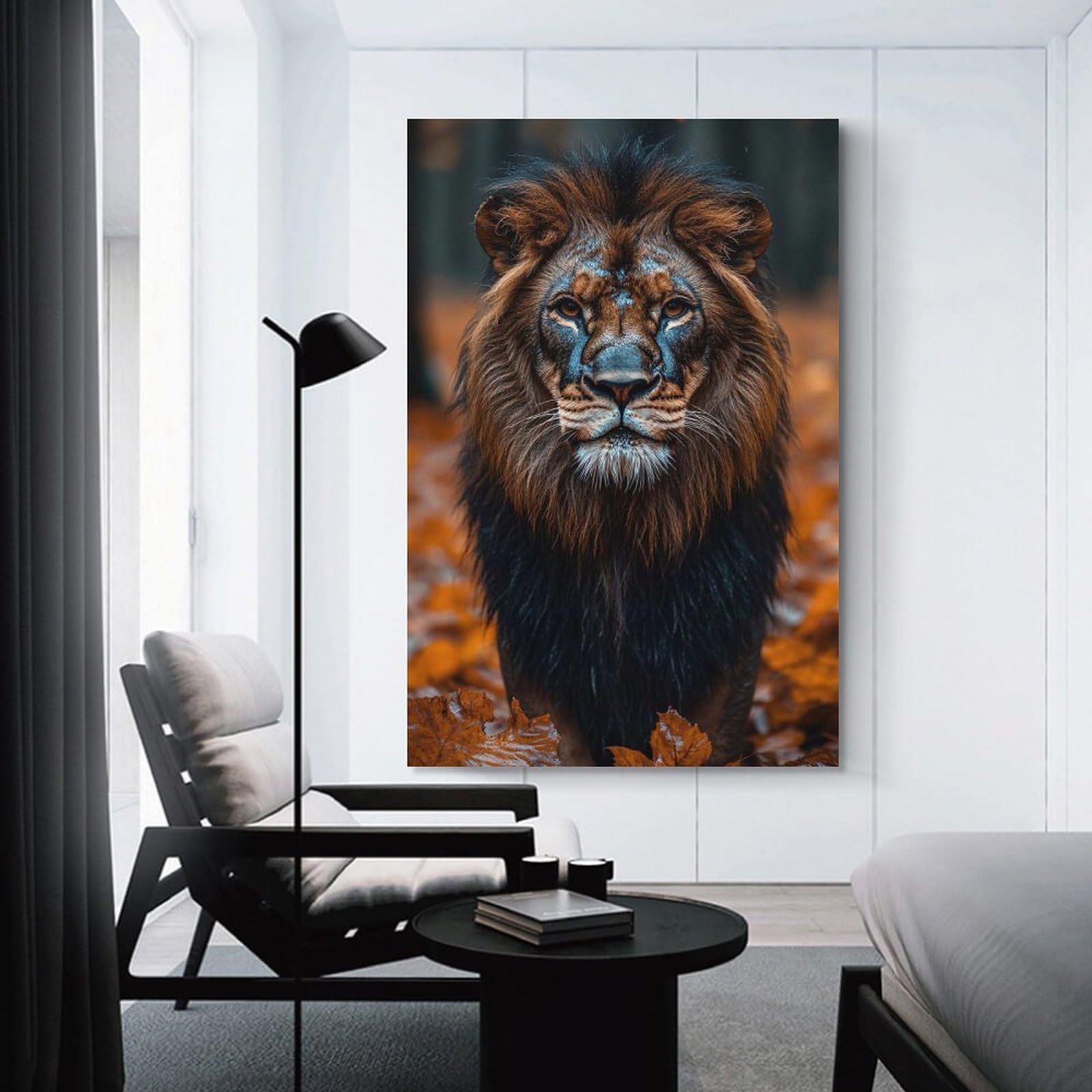 Junmoney Majestic Lion Portrait in Autumnal Setting Wall Art Print 24x36inch(60x90cm), for Art Walls, Layered Displays Or Homes, Wall Decor Suited to Curated Displays