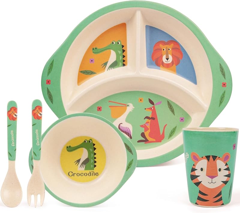 Juego de vajilla para niños, vajilla para la hora de comer de 5 piezas para niños y niños pequeños, incluye plato dividido, tazón, taza, tenedor y cuchara, fibra de bambú natural, sin BPA, apto para lavavajillas (animal del bosque)