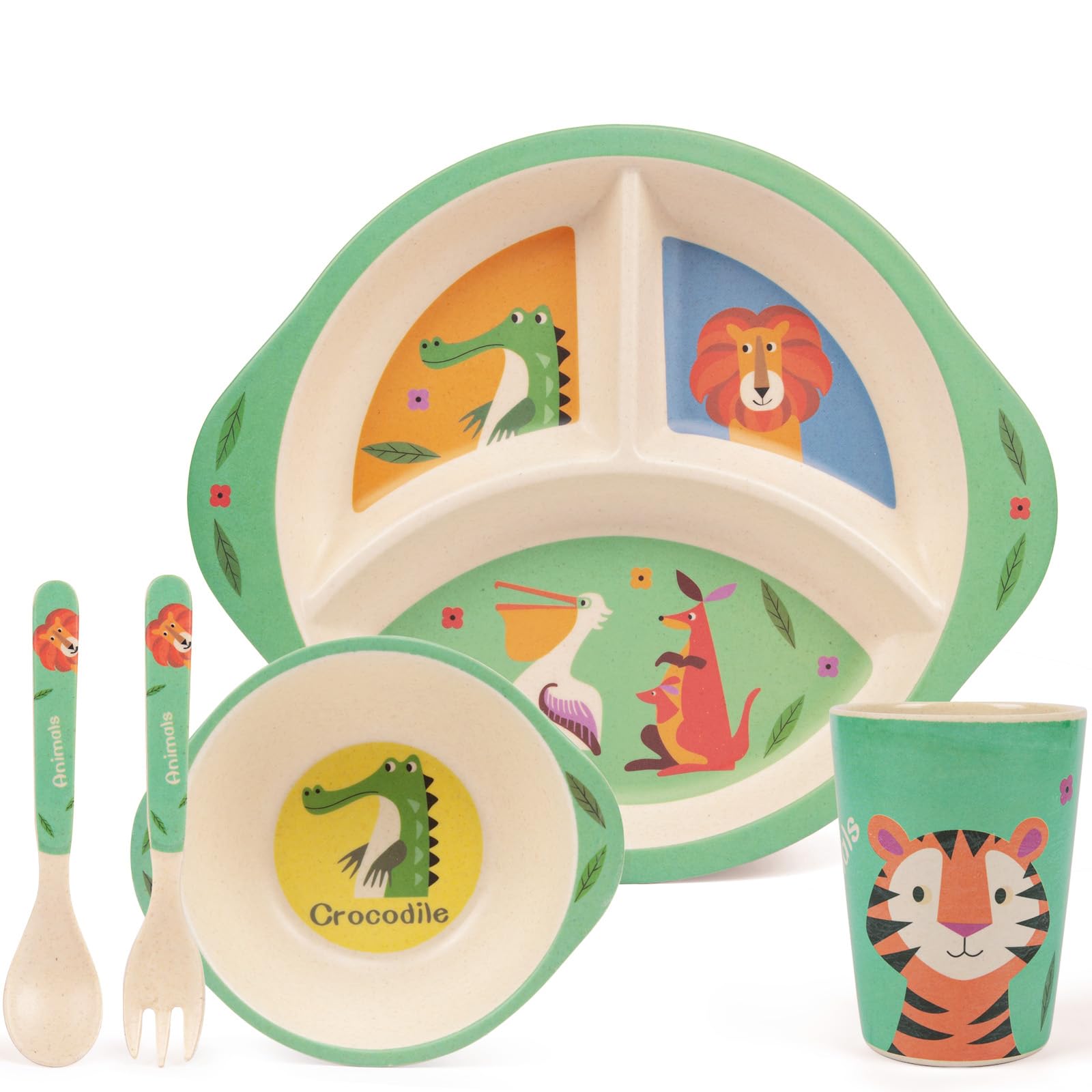 Photo 1 of *BROKEN PLATE EDGE* PHEENOWL Kids Dinnerware Set, 5-Piece Mealtime Tableware for Children & Toddlers – Includes Divided Plate, Bowl, Cup, Fork & Spoon – Natural Bamboo Fiber, BPA-Free, Dishwasher Safe (Forest Animal)
