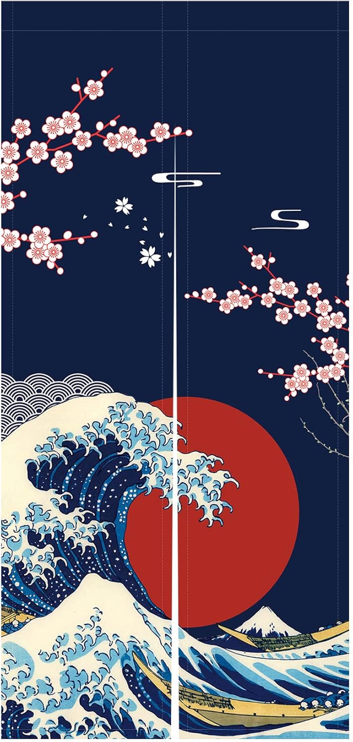 LIGICKY Japanese Noren Doorway Curtain Ukiyoe Hokusai The Great Wave Off Kanagawa Sun Cherry Blossoms Printed Window Treatment Door Tapestry for Home Restaurant Decor 33.5" Width x 70.9" Long
