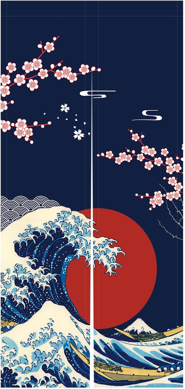 LIGICKY Japanese Noren Doorway Curtain Ukiyoe Hokusai The Great Wave Off Kanagawa Sun Cherry Blossoms Printed Window Treatment Door Tapestry for Home Restaurant Decor 33.5" Width x 70.9" Long