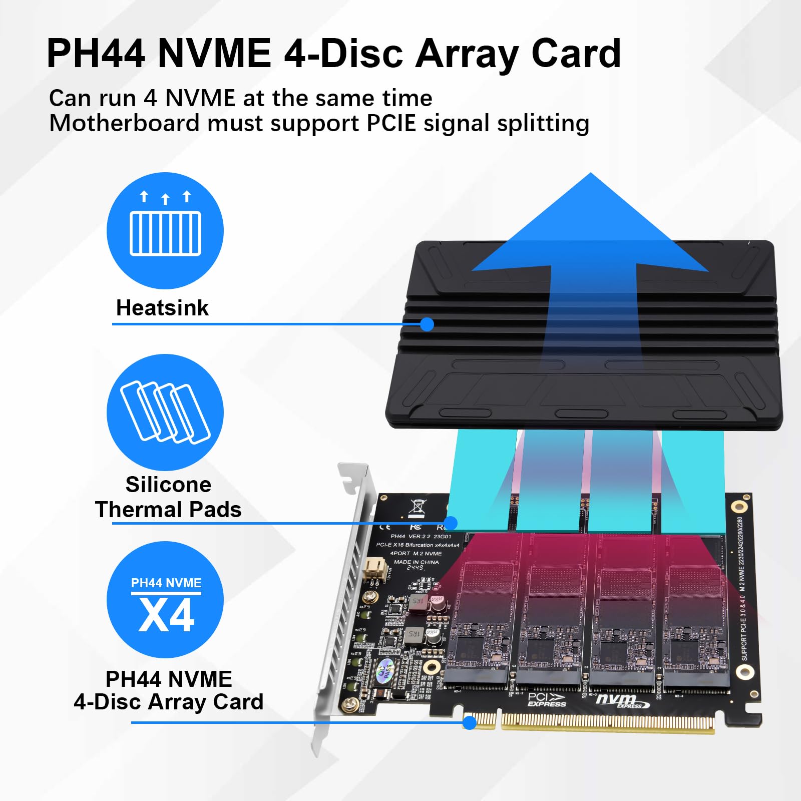 Scheda Di Espansione Quad NVMe M.2 PCIe X16 – Con Dissipatore In Alluminio, Supporta 4 SSD NVMe, RAID Soft, Per PC E Server