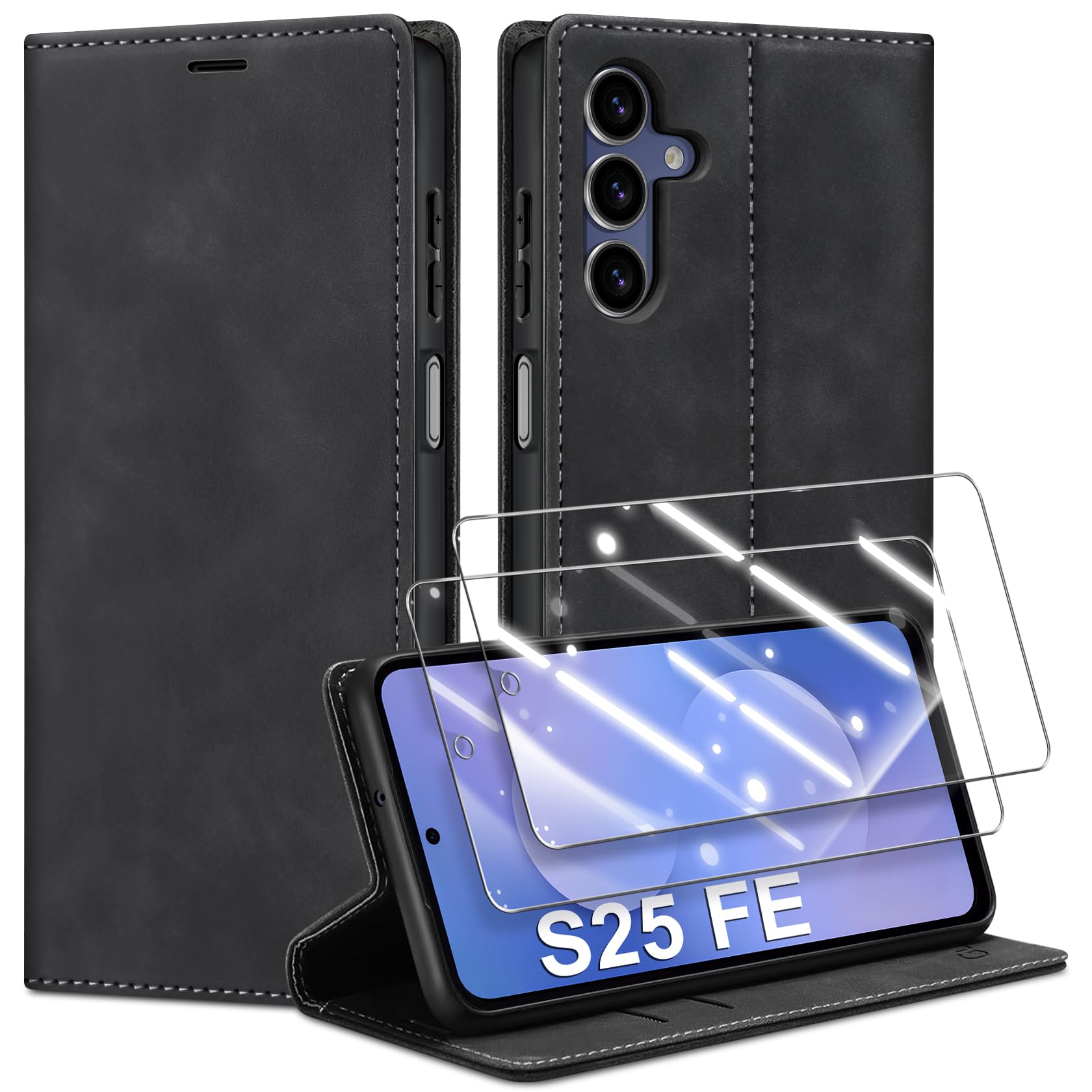 Guisessy Handyhülle für Samsung Galaxy S25 FE 5G Hülle und 2 Schutzfolie, Premium Leder Klappbar Flip Wallet Case, [Magnet] [Kartenfach] [Standfunktion] Schutzhülle für Samsung S25 FE, Schwarz
