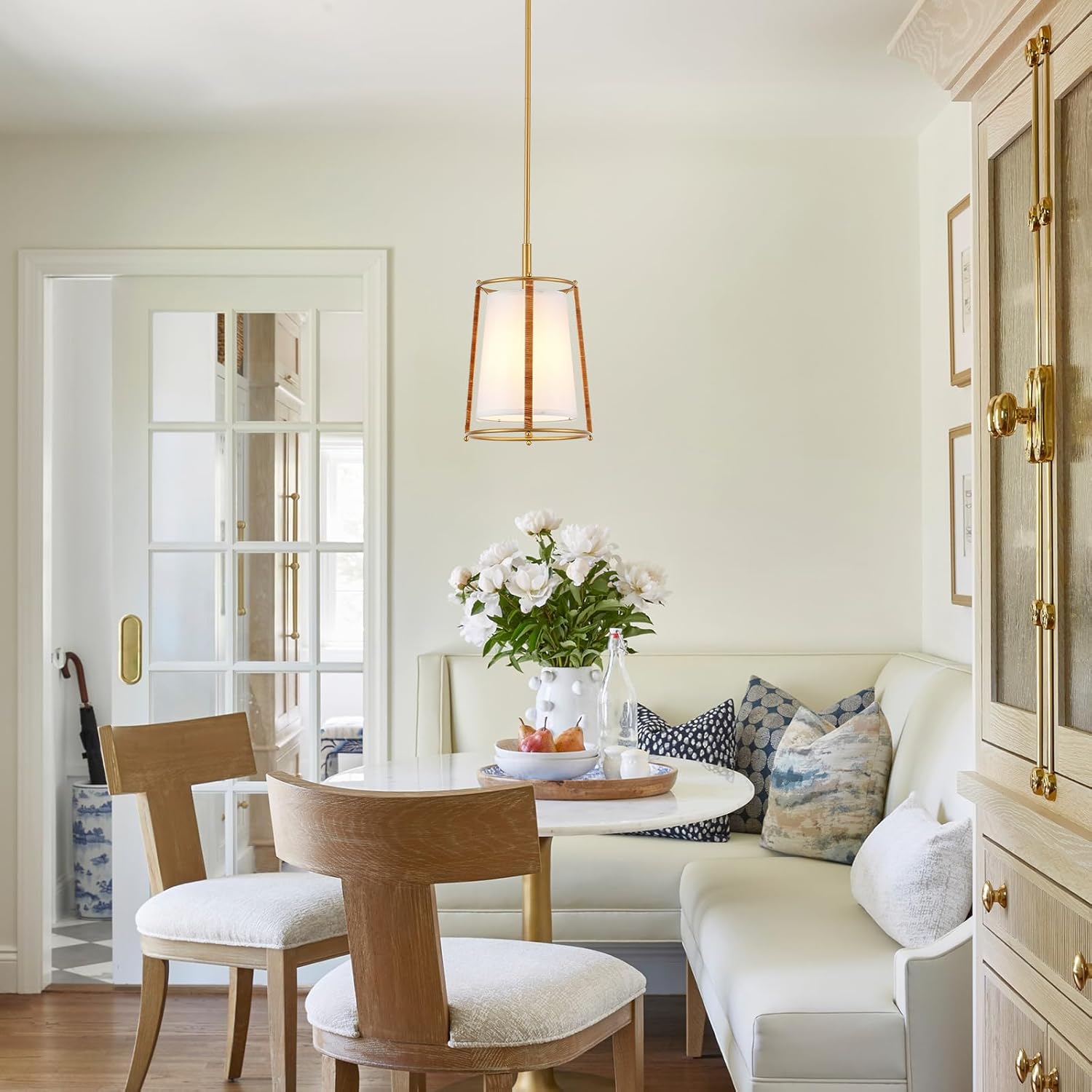 Modern Gold Pendant Lights Fixture, Farmhouse Mini Chandelier with White Fabric Shades Adjustable Hanging Pendant Light Fixtures for Kitchen Island Sink Hallway Dining Room, Dia 10’’, UL Listed