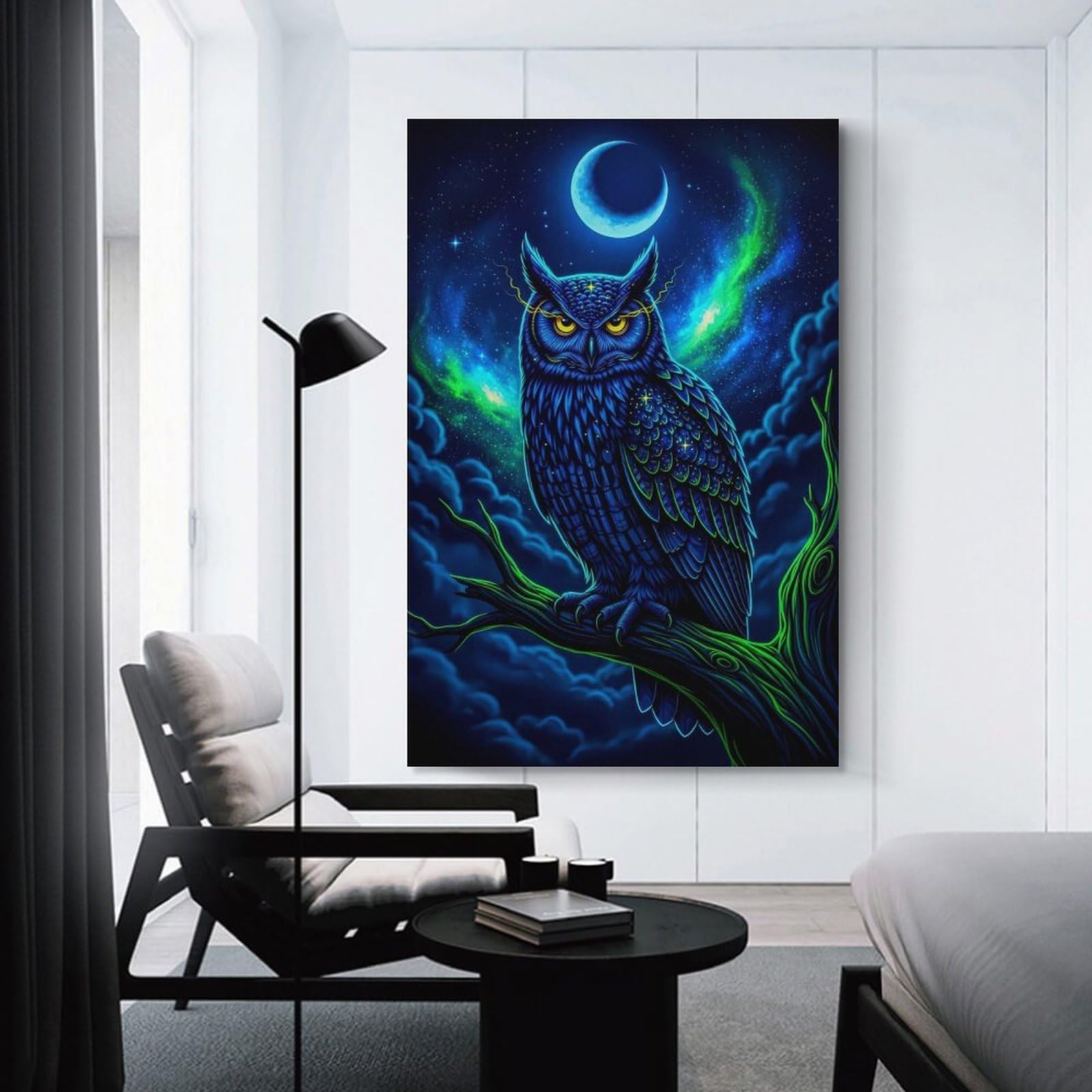 Junmoney Neon Owl Under Crescent Moon Canvas Wall Picture, 20x30inch(50x75cm), for Wall Displays, Bedrooms Or Room Updates, Wall Decor Suited to Curated Displays