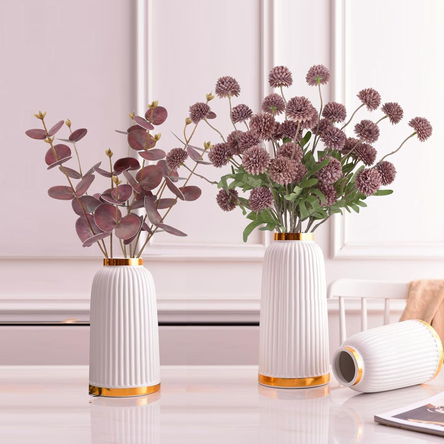 Faux Silk Pompom Mum Artificial Flowers,8 Stems Purple Fake Kiku Flower with 3 Branches Real Touch Eucalyptus Stems for Wedding Bouquet Home Party Floral Arrangements(Purple)