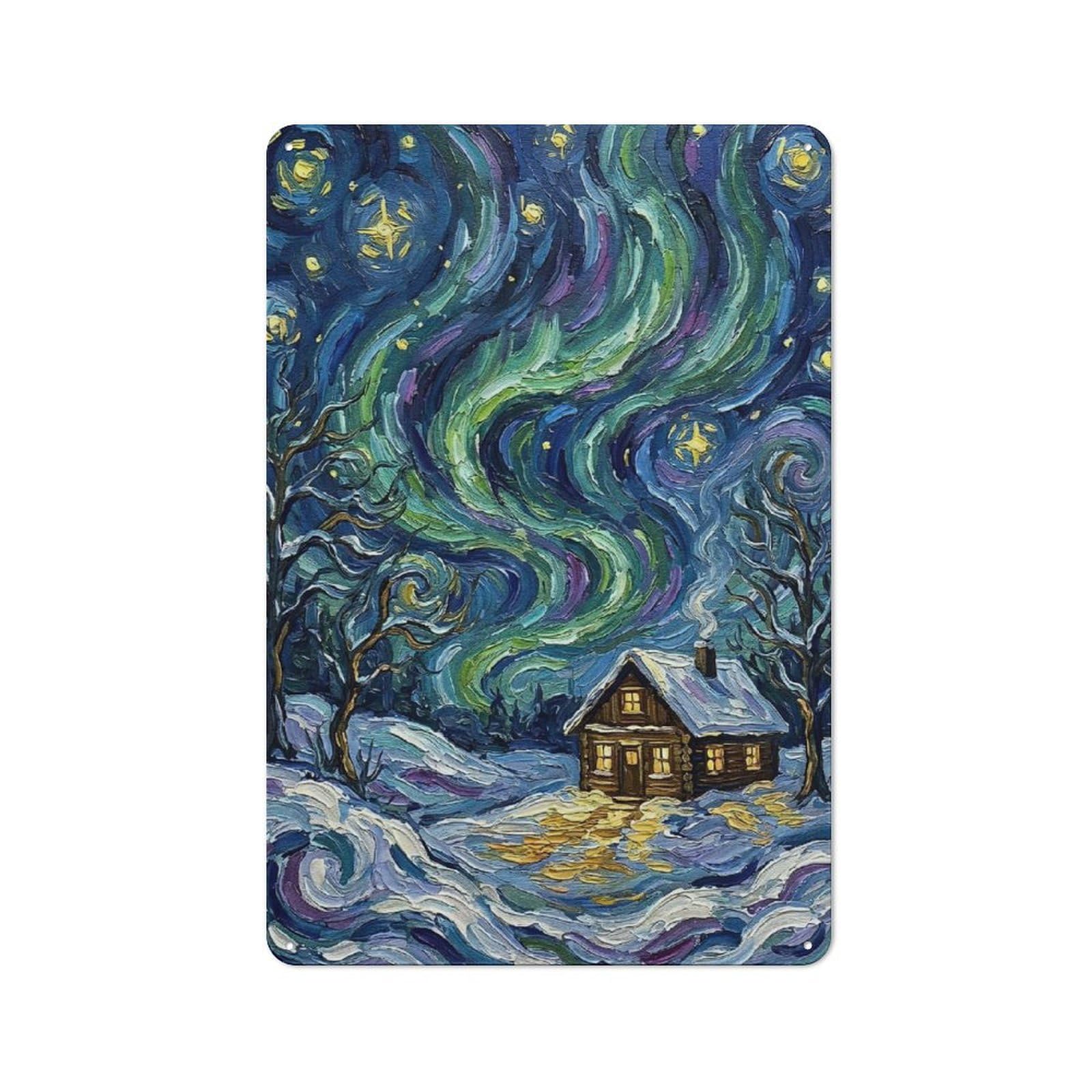 Junmoney Style-20 Winter Cabin Under Aurora Borealis Painting Rustic Tin Sign 30X20cm For Garden Room Or Summerhouse, For An Autumn Wall Display In Garden Room And Summerhouse