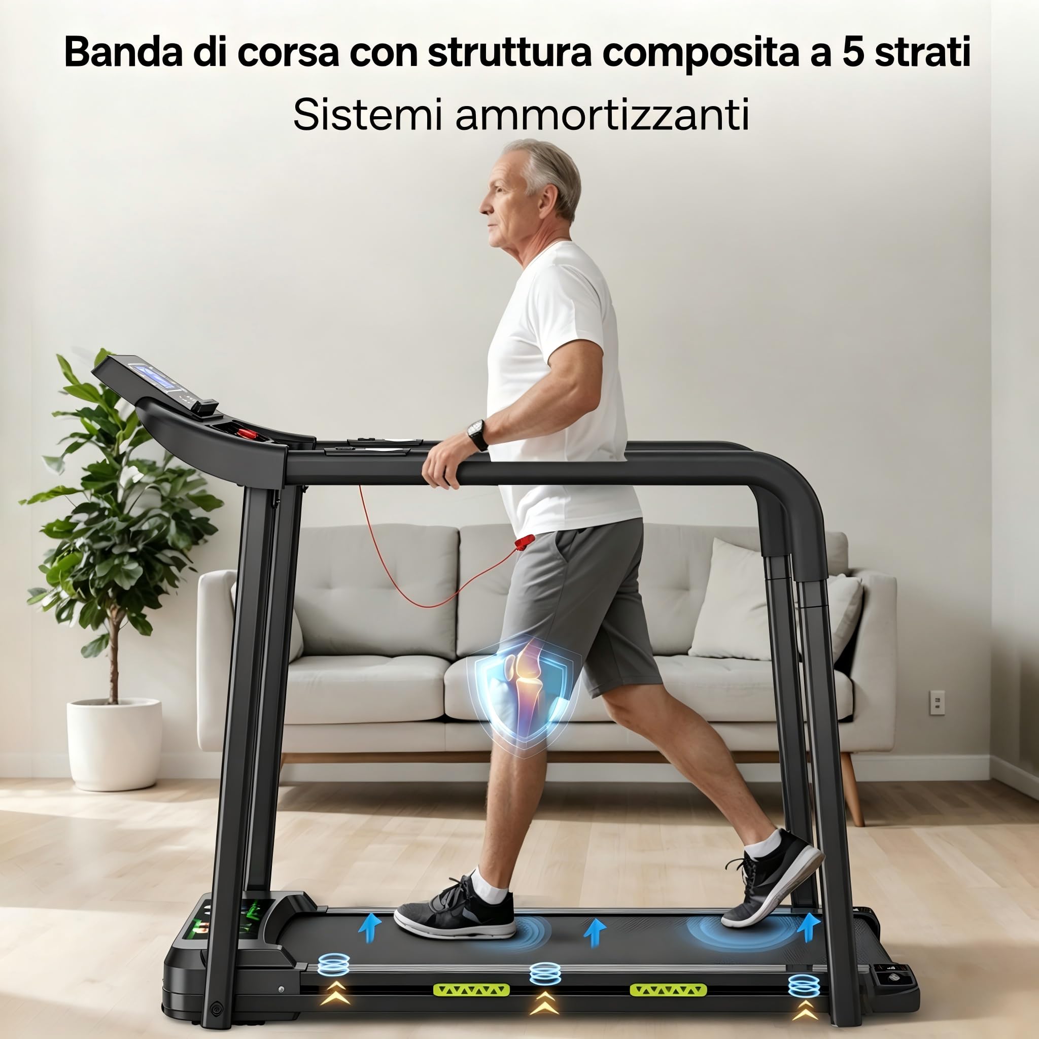 Tapist roulant elettrico anziani, LED grande, maniglioni, 135kg