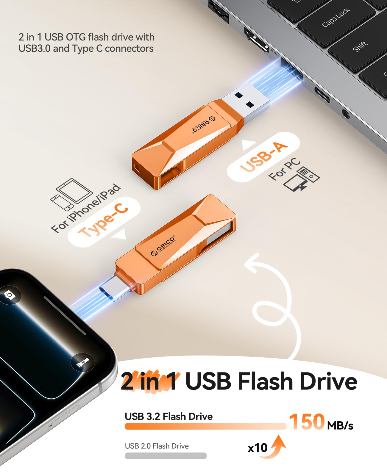 Memory Stick USB 3.2 256GB OTG CB05 Orange - Dettaglio