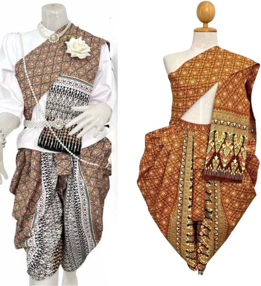 Handcrafted Thai Wrap Pants with Matching Shoulder Sash – Adjustable Waist 24"-38", Free Size, Unisex Traditional Festival Outfit (Random Color)