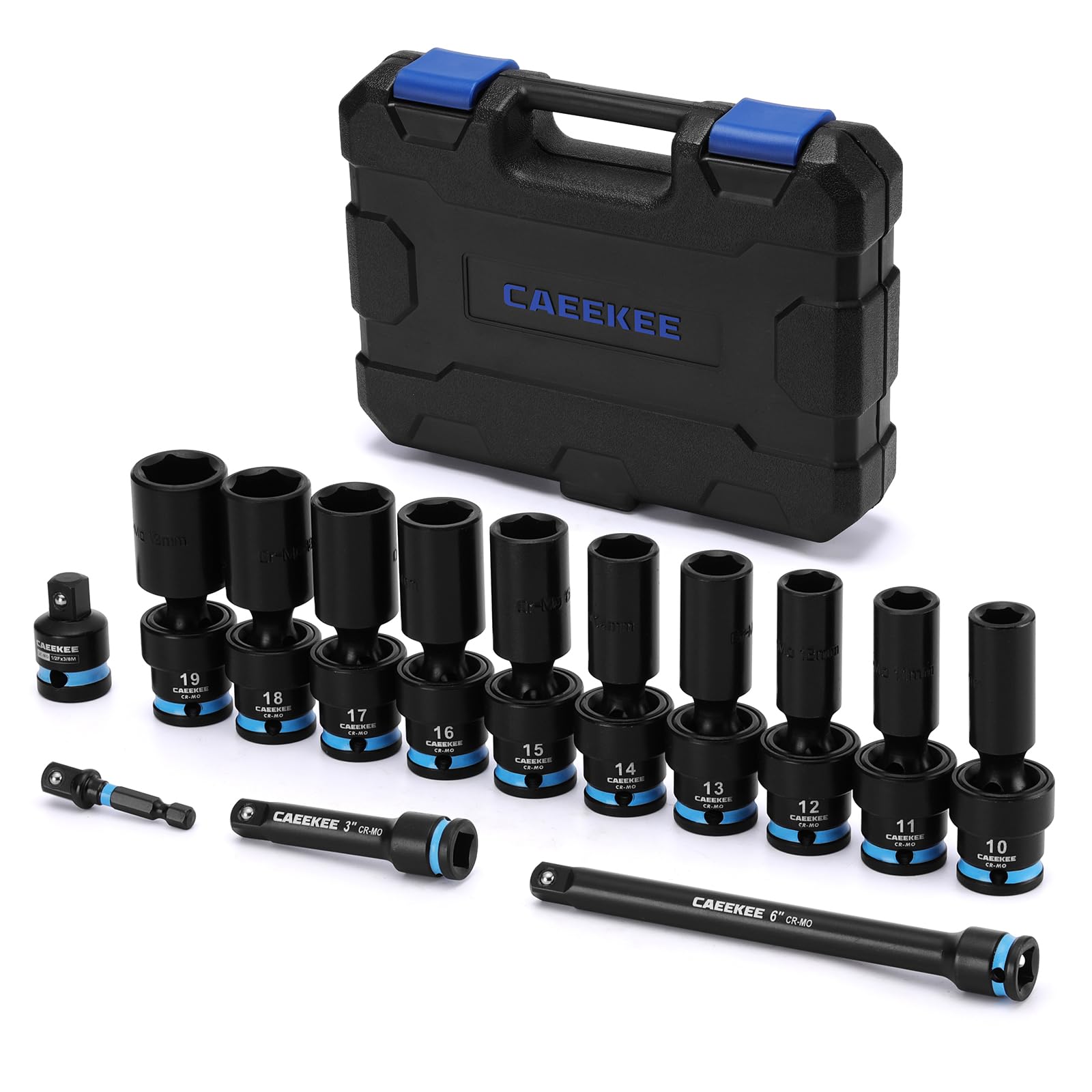 3/8" Drive Deep Universal Impact Socket Set, 14-Piece Swivel Socket Set, Cr-Mo, 6 Point, Metric(10-19mm), Flexible Wobble Socket Set, Includes Extension Bars and Adapters