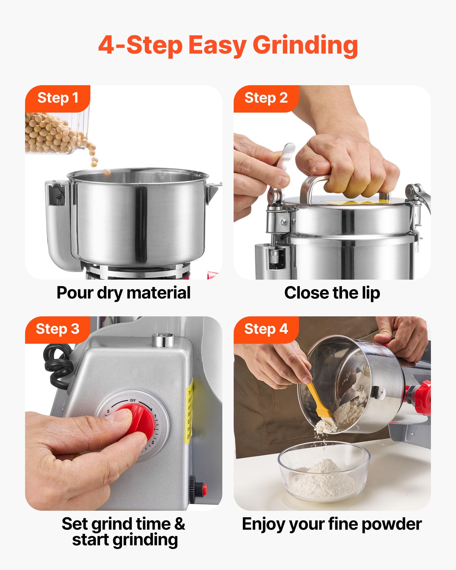 VEVOR Macina Spezie Elettrico Commerciale da 800 g, Polverizzatore in Acciaio Inossidabile ad Alta velocità da 2100 W, per Cereali Secchi, Spezie, Cereali, Caffè, Mais e Pepe, Tipo Oscillante