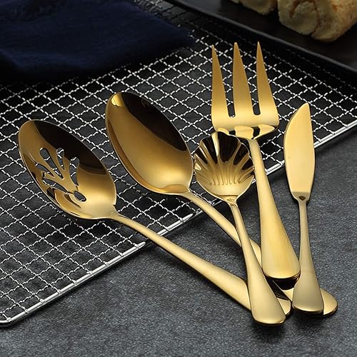 Miniatura 7 de Berglander Juego de cubiertos de acero inoxidable chapado en titanio dorado, 6 piezas, 5 piezas de 45 piezas de cubiertos con 1 servidor de pastel,