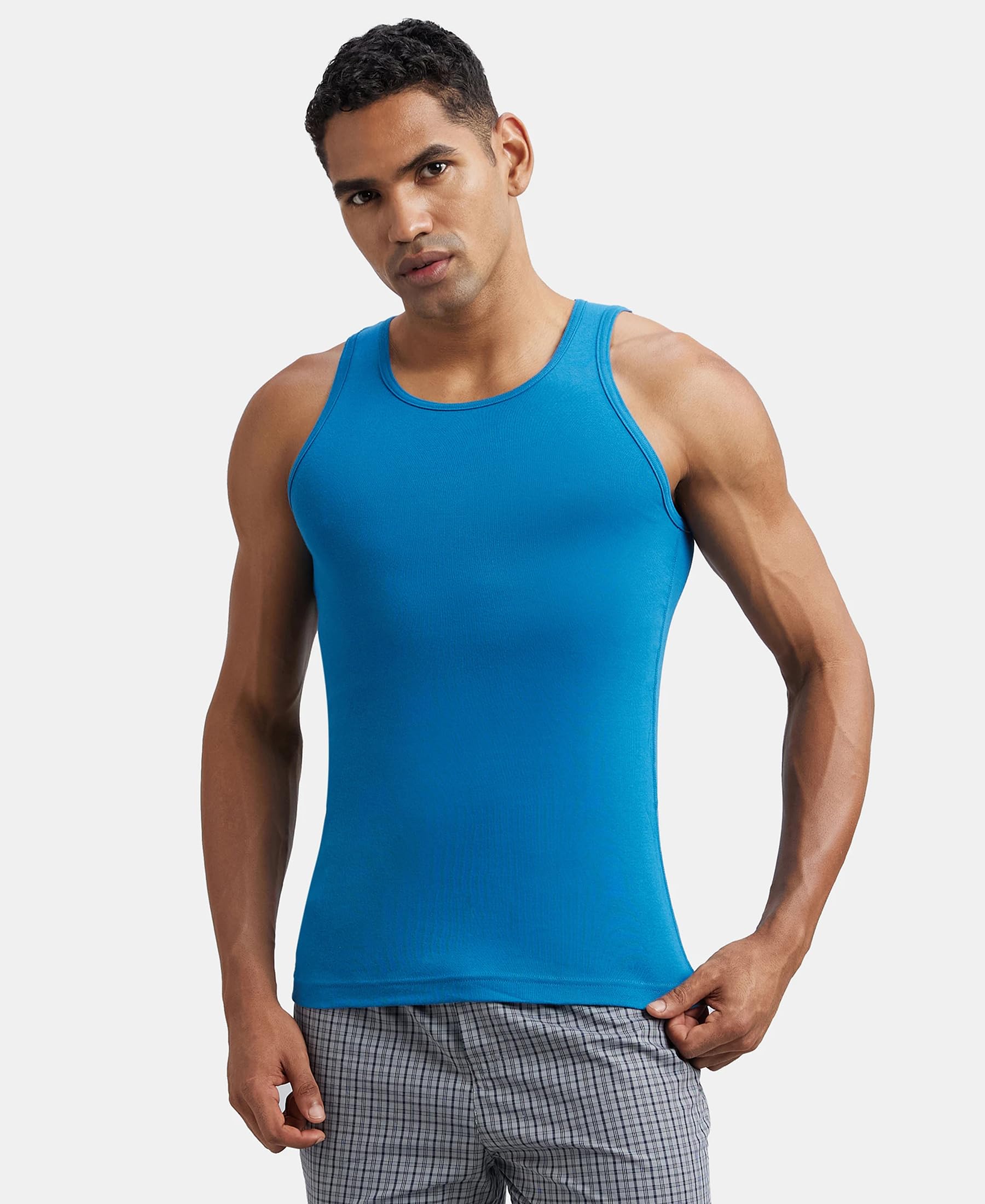 Jockey FP04 Men's Super Combed Cotton Rib Round Neck Sleeveless Vest with Extended Length for Easy Tuck_Blue Saphire_M 1