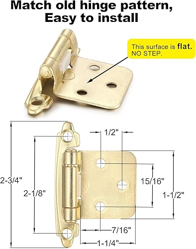 Miniatura 2 de Paquete de 4 (2 pares) de bisagras de gabinete de cierre automático doradas (latón) para puerta de armario de cocina, superposición de 12 pulgada