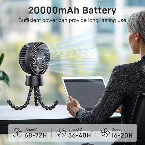 Vista 2 de Ventilador portátil para cochecito de 20000 mAh, oscilación automática de 120, 3 en 1 con banco de energía, luz LED, trípode flexible desmontable