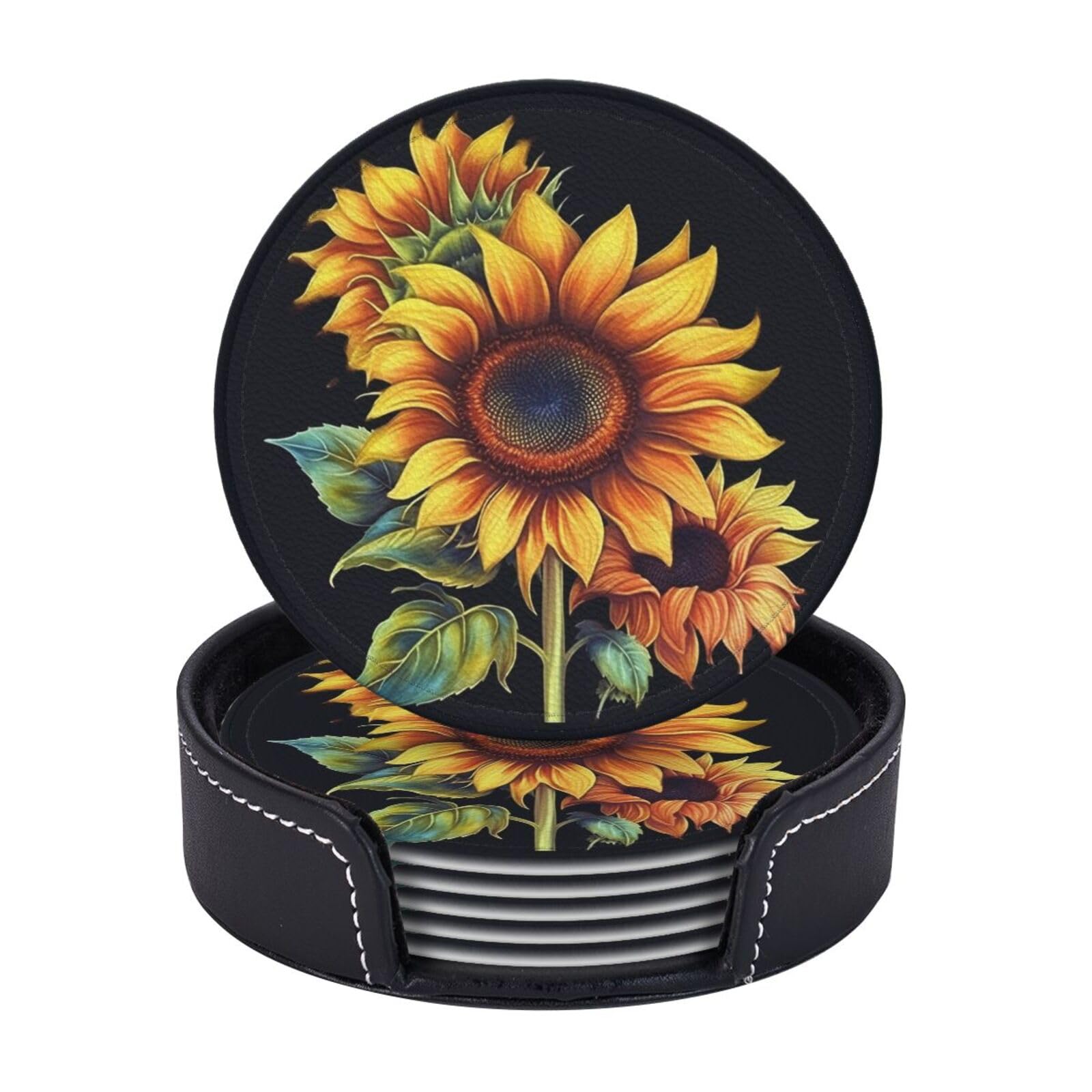 Round Coasters for Drinks Set of 6 - PU Leather Coasters with Holder - Modern Drink Coasters for Coffee Table - Summer Sunflower Coaster for Tabletop Protection 4" Cup Mat Pad
