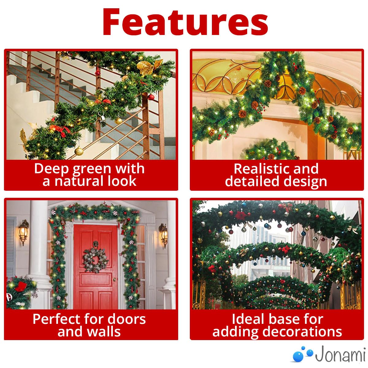 Guirnalda Navidad Escalera Chimeneas, Guirnaldas Navideña Verde Abeto Artificial por Decoración Exterior Interior Hogar Puerta y Pared – 10m