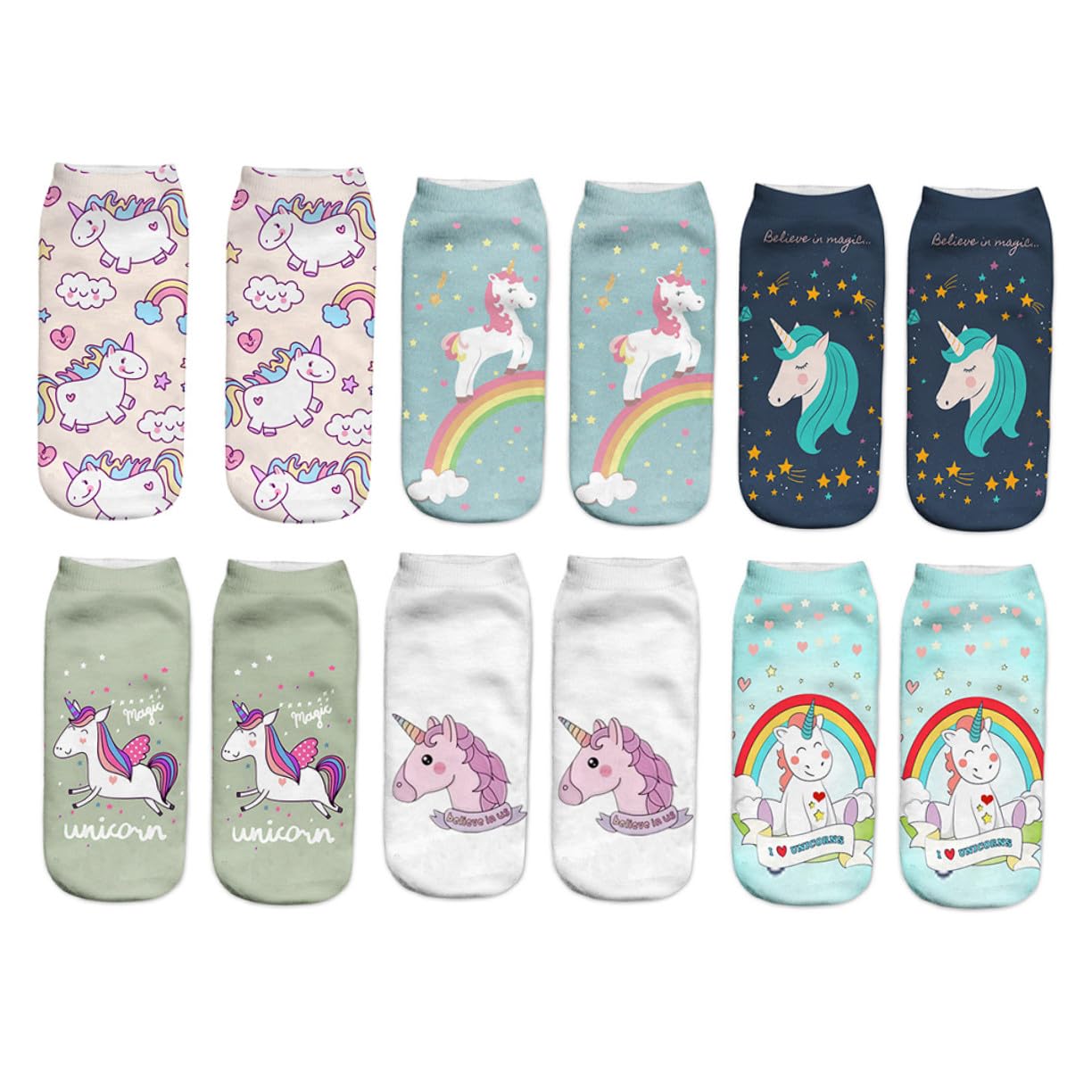 6 Pairs Women’s Low Cut Ankle Socks with Unicorn 3d Printing Fashion Short Socks Set for Casual Wear