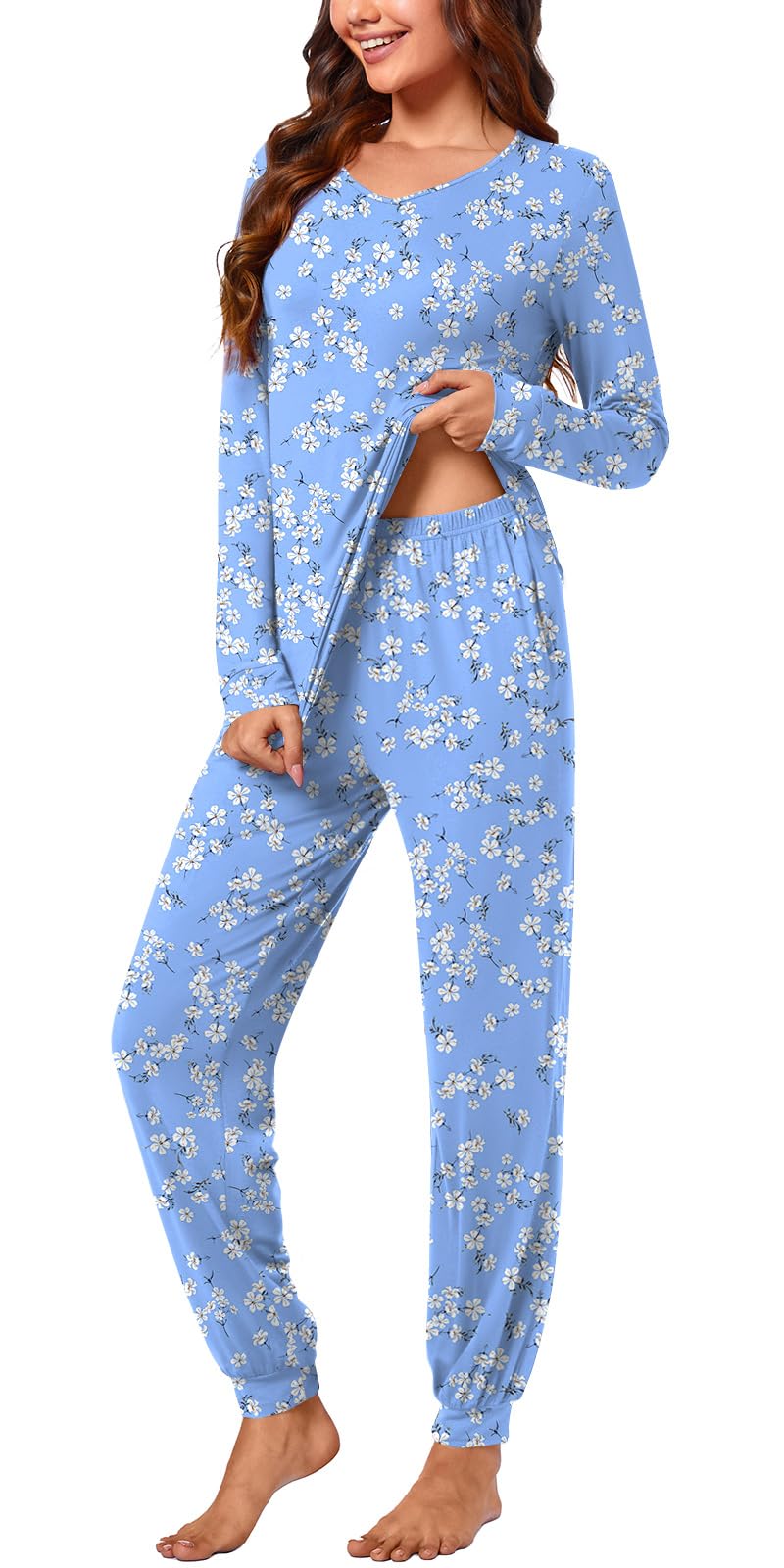 syoss Conjunto de pijama de manga larga para mujer, ropa de dormir con cuello en V, ropa de dormir suave, conjunto de 2 piezas con bolsillos