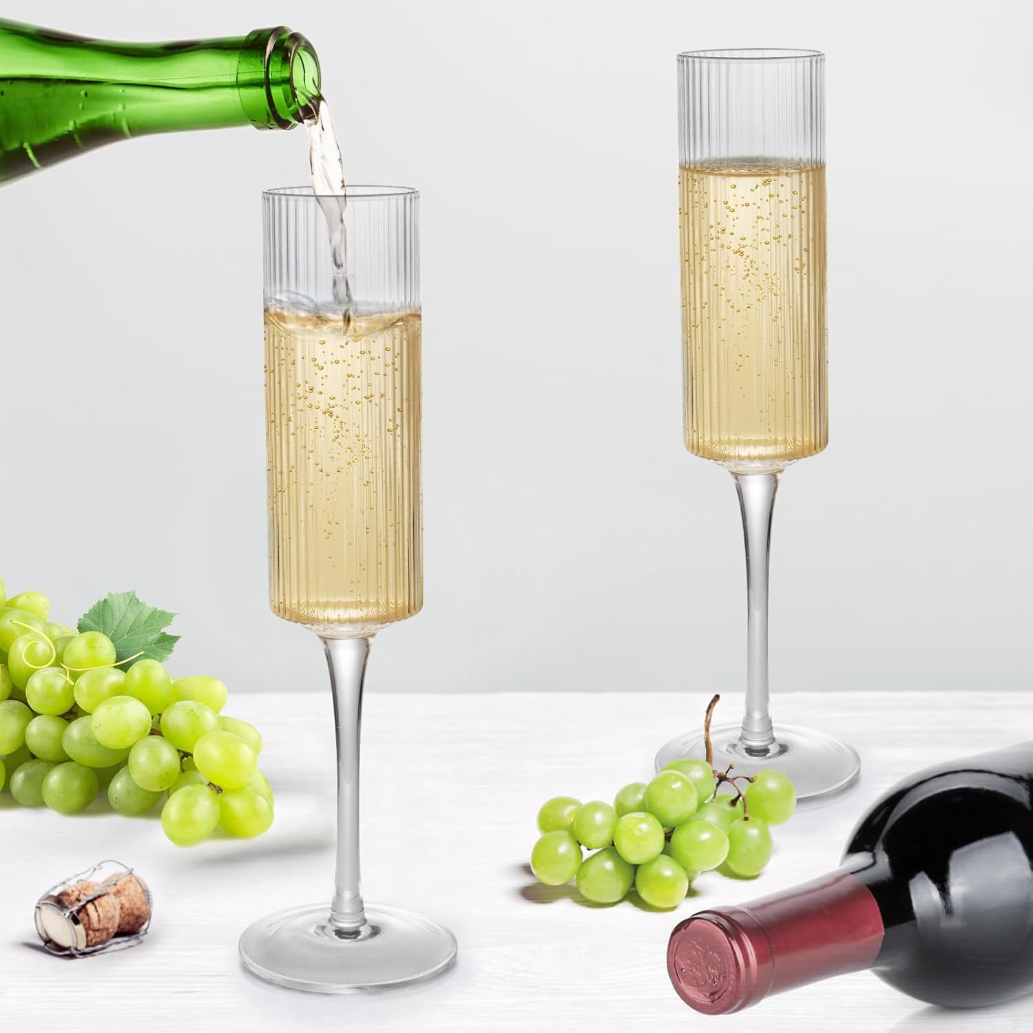Topsky Ribbed Champagne Flutes Set of 2, 8 oz Crystal Champagne Glasses, Vintage Unique Ridged Design, Clear Mimosa Glasses, Cocktail or Wedding Toasting Glasses, Outer Stripe - Image 5