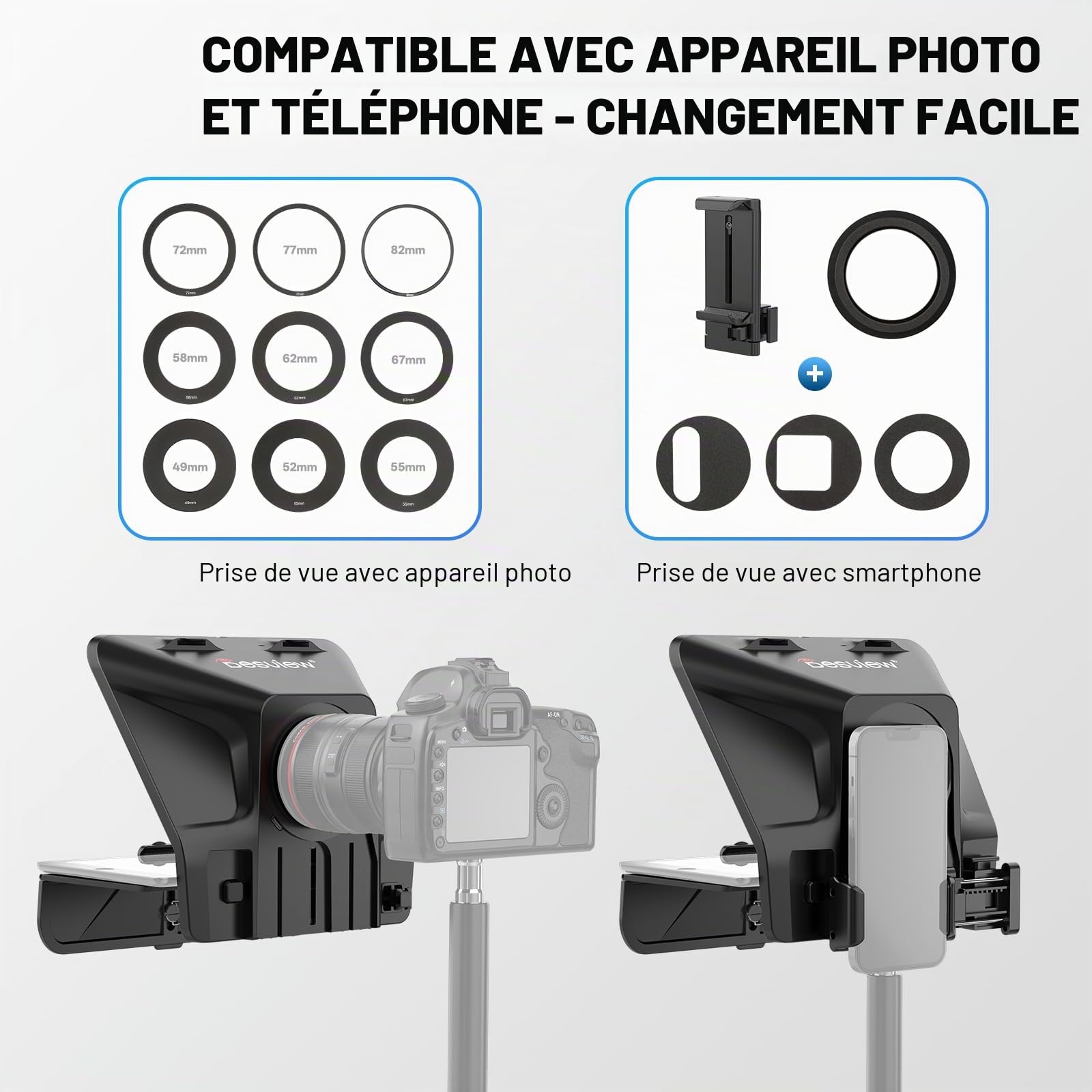 Desview T5 Téléprompteur Portable pour Smartphone, iPad et Caméra DSLR | Jusqu'à 11" iPhone/Tablettes, Télécommande Bluetooth & Application, pour Enregistrement Vidéo YouTube Live Streaming