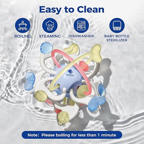 Miniatura 7 de Evoceler Juguete para bebé, juguete sensorial Montessori para 0-6, 6-12 meses, giratorio 10 texturas de silicona suave juguete de dentición con caja