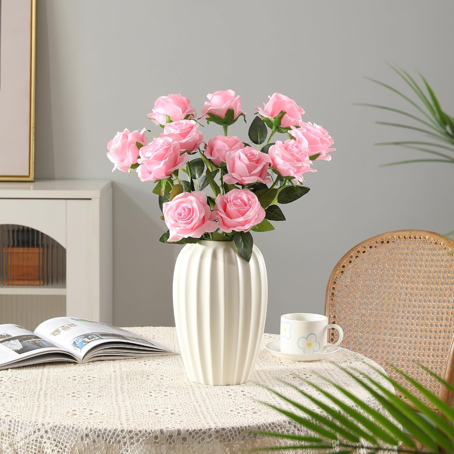 Tifuly Pink Roses Artificial Flowers - 12 pcs Realistic Single Long Stem Fake Silk Roses Bouquet for Party Home Wedding Centerpiece Office DIY Decor - Image 3