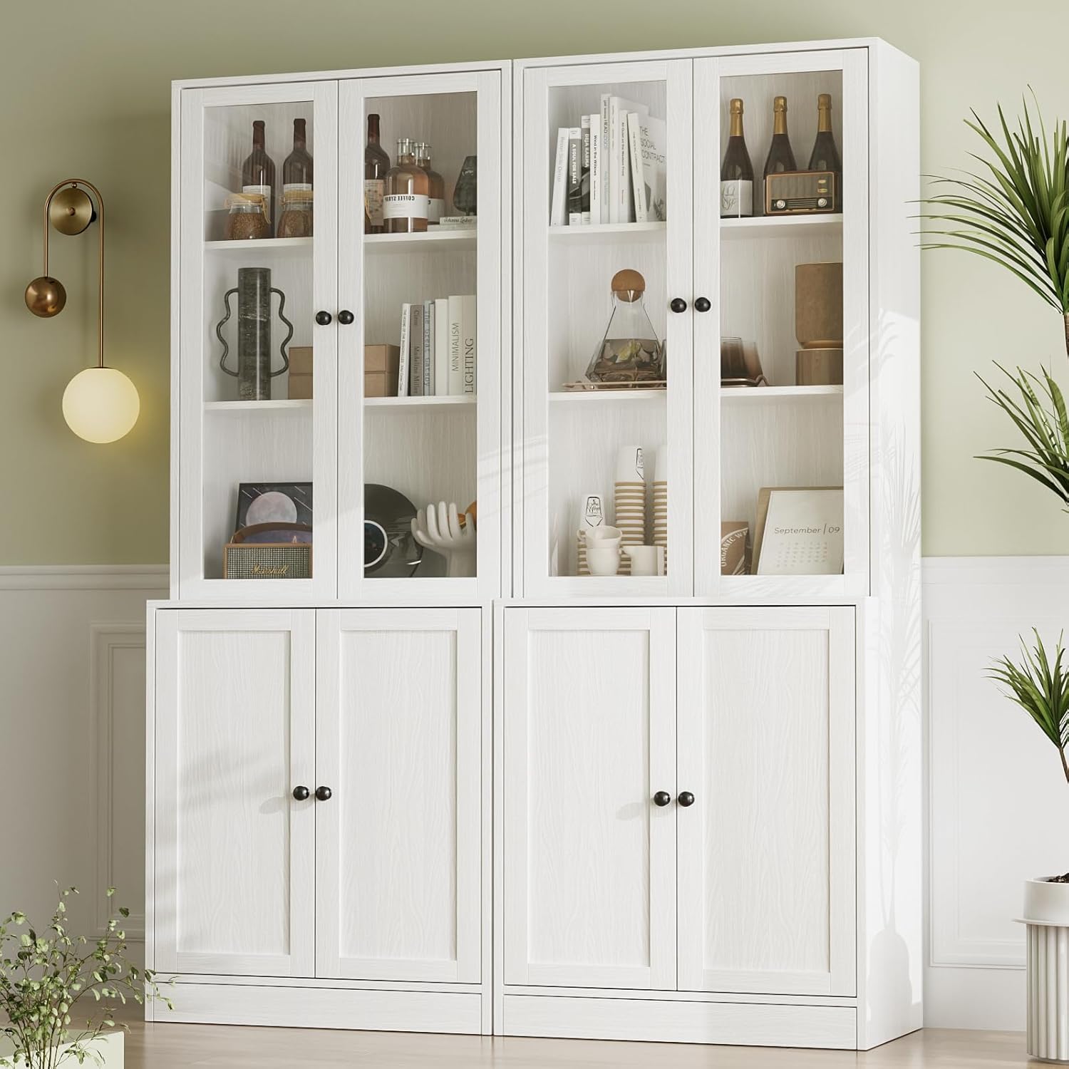 VOWNER Biblioteca de 5 pisos con puertas de vidrio - 180 cm - Armario alto - Armario aparador para cocina, salón, comedor - A (blanco)